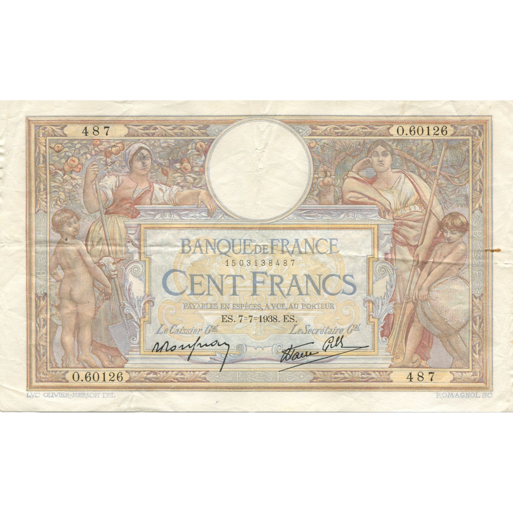 France, 100 Francs, Luc Olivier Merson, 1938, 1938-07-07, VF(20-25)