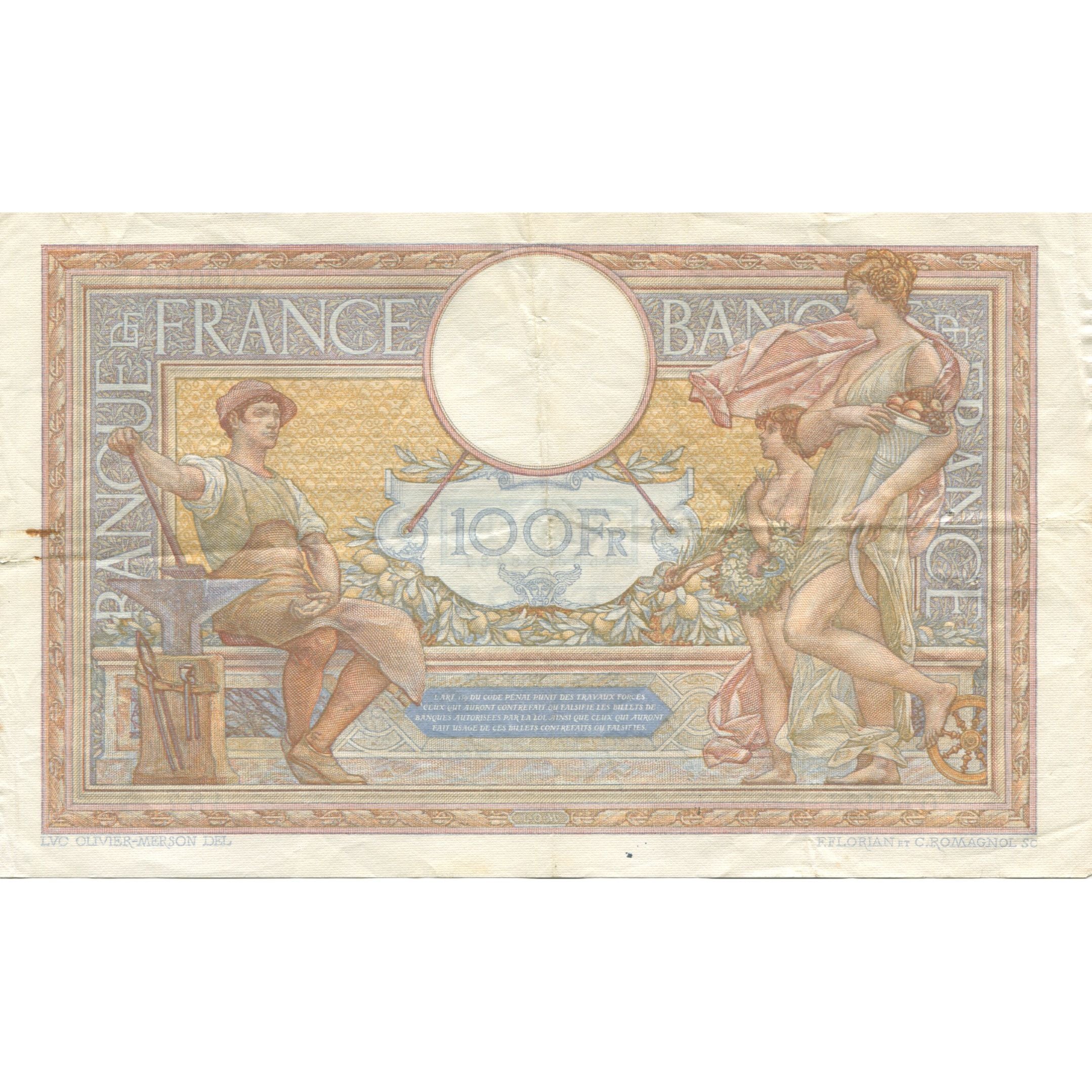 France, 100 Francs, Luc Olivier Merson, 1938, 1938-07-07, VF(20-25)