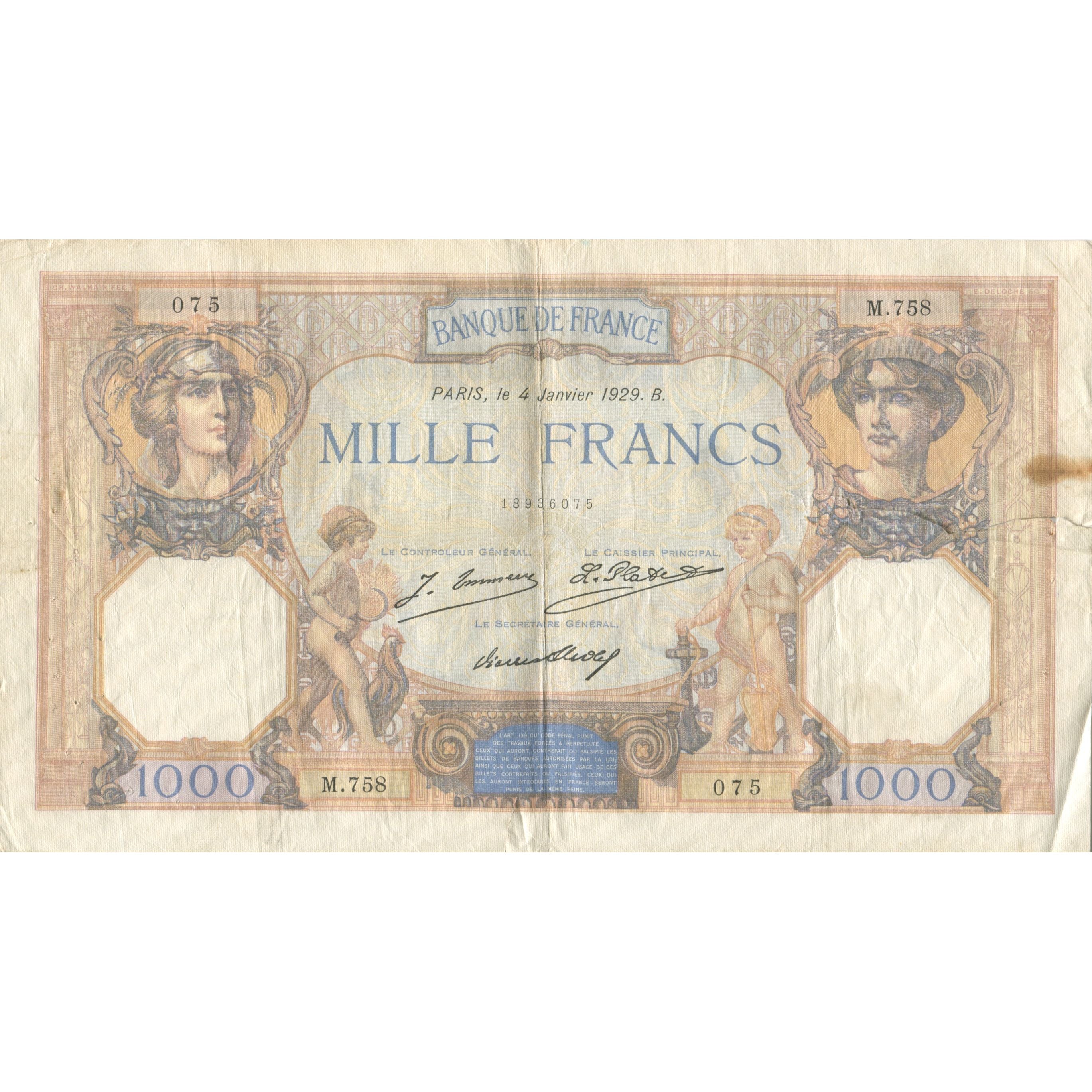France, 1000 Francs, Cérès et Mercure, 1929, 1929-01-04, VF(20-25)