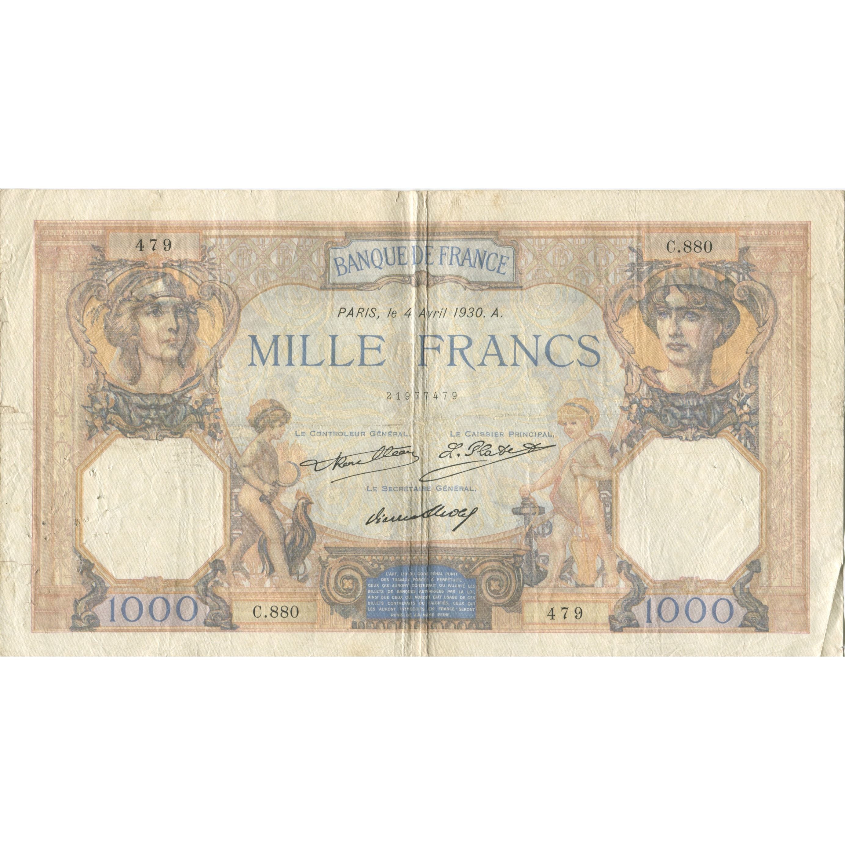 France, 1000 Francs, Cérès et Mercure, 1930, 1930-04-4, TB, Fayette:37.5