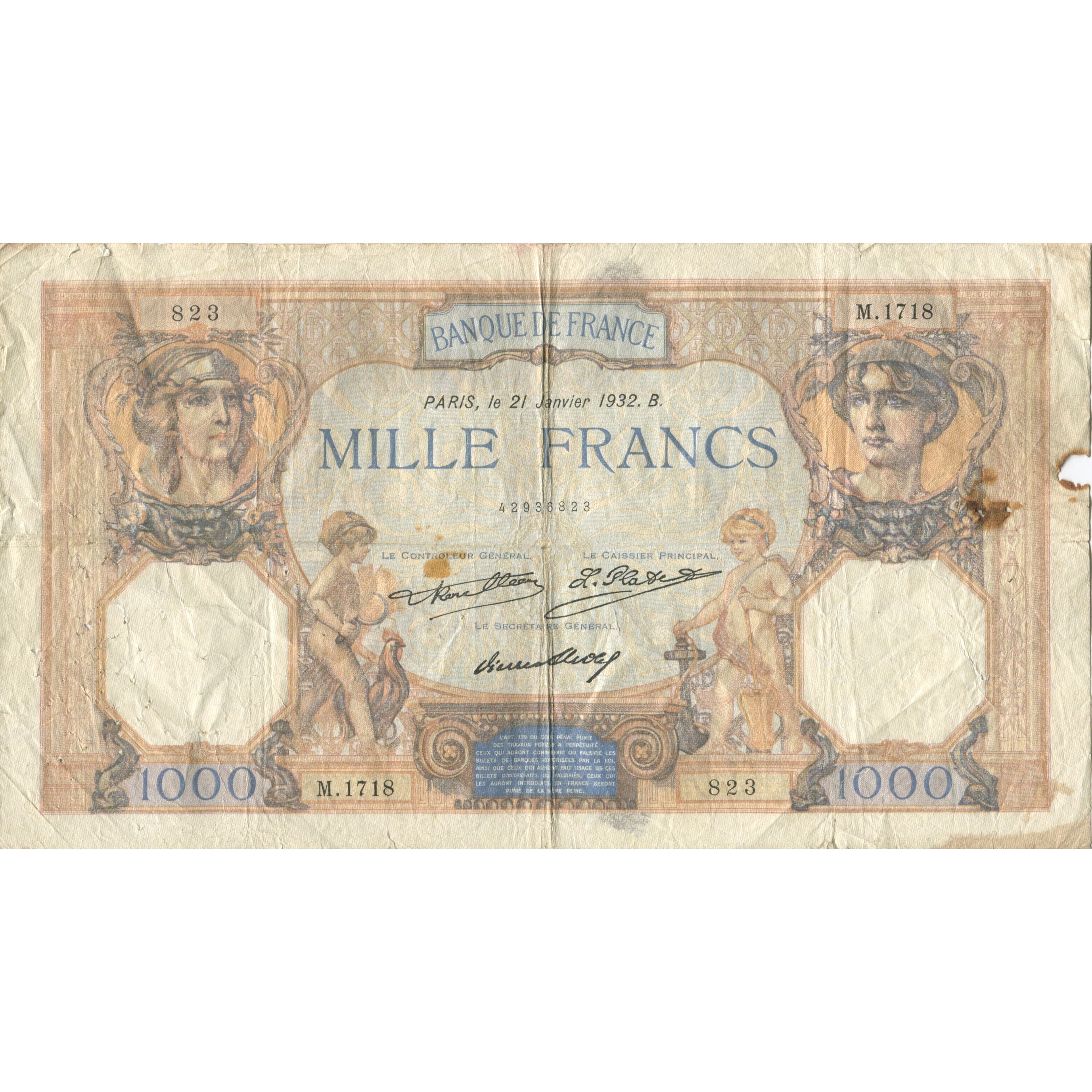 France, 1000 Francs, Cérès et Mercure, 1932, 1932-01-21, TB, Fayette:37.7