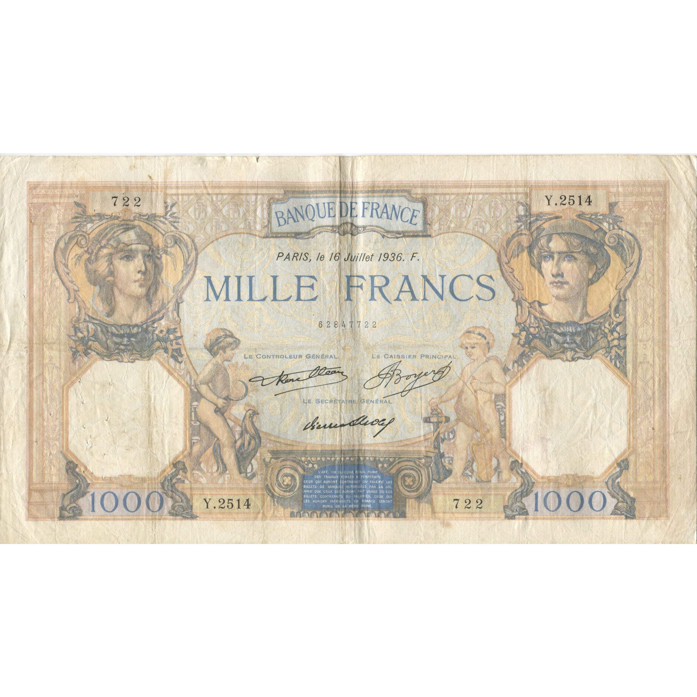 France, 1000 Francs, Cérès et Mercure, 1936, 1936-07-16, VF(20-25)