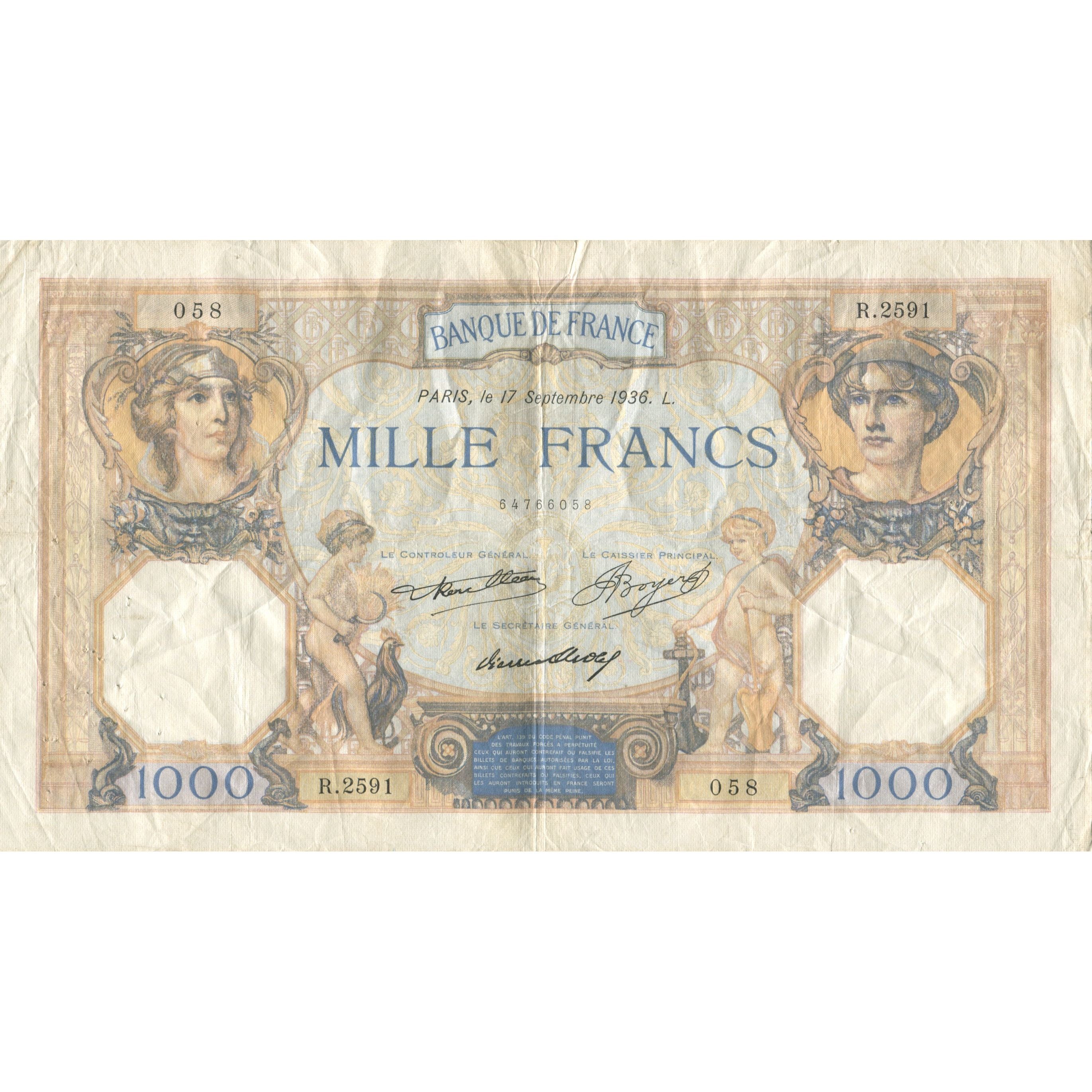 France, 1000 Francs, Cérès et Mercure, 1936, 1936-09-17, VF(20-25)