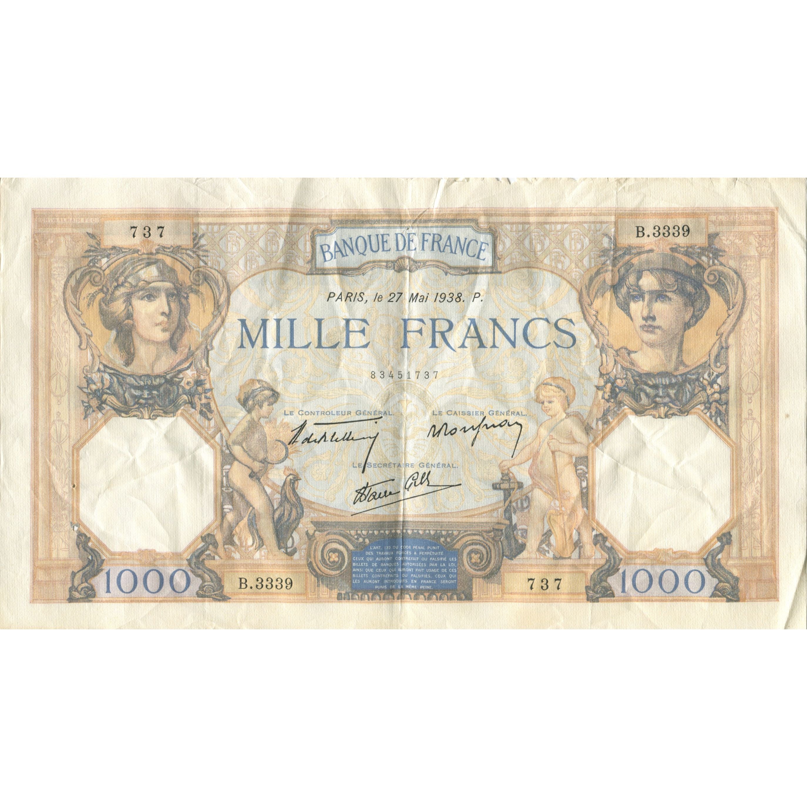 France, 1000 Francs, Cérès et Mercure, 1938, 1938-05-27, VF(20-25)