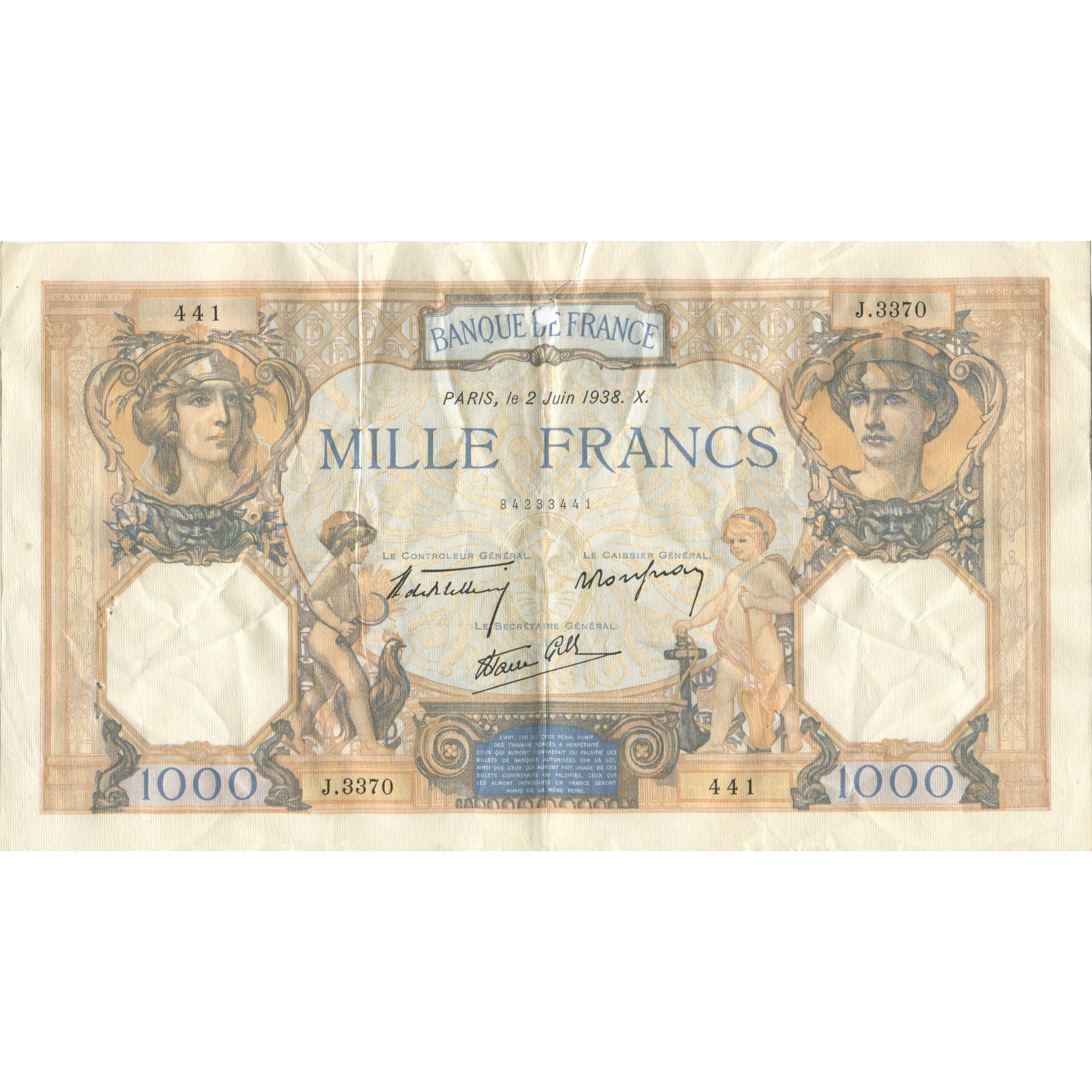 France, 1000 Francs, Cérès et Mercure, 1938, 1938-06-02, VF(20-25)