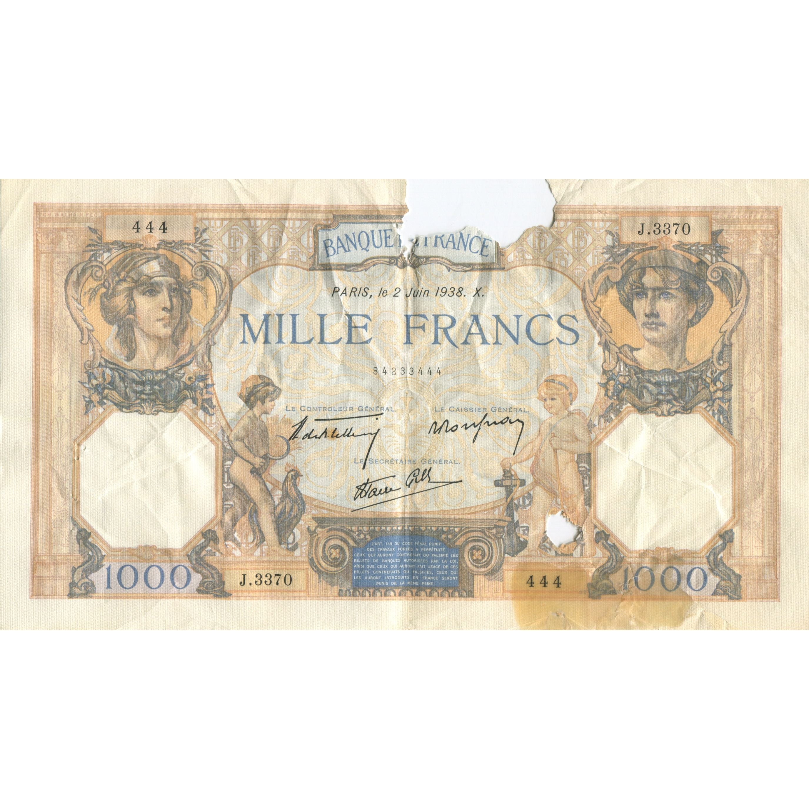 France, 1000 Francs, Cérès et Mercure, 1938, 1938-06-02, AB, Fayette:38.17