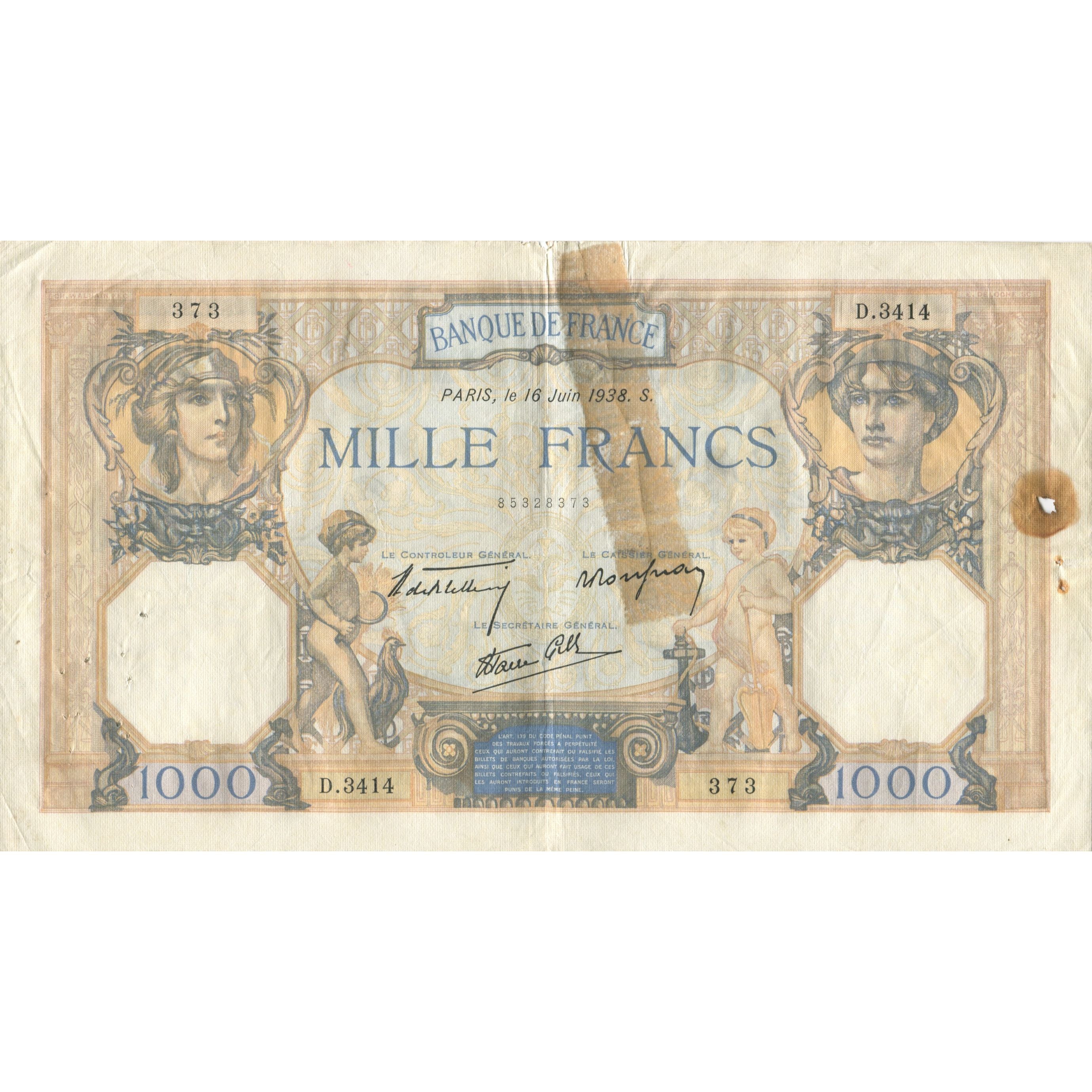 Frankrijk, 1000 Francs, Cérès et Mercure, 1938, 1938-06-16, TB, Fayette:38.19
