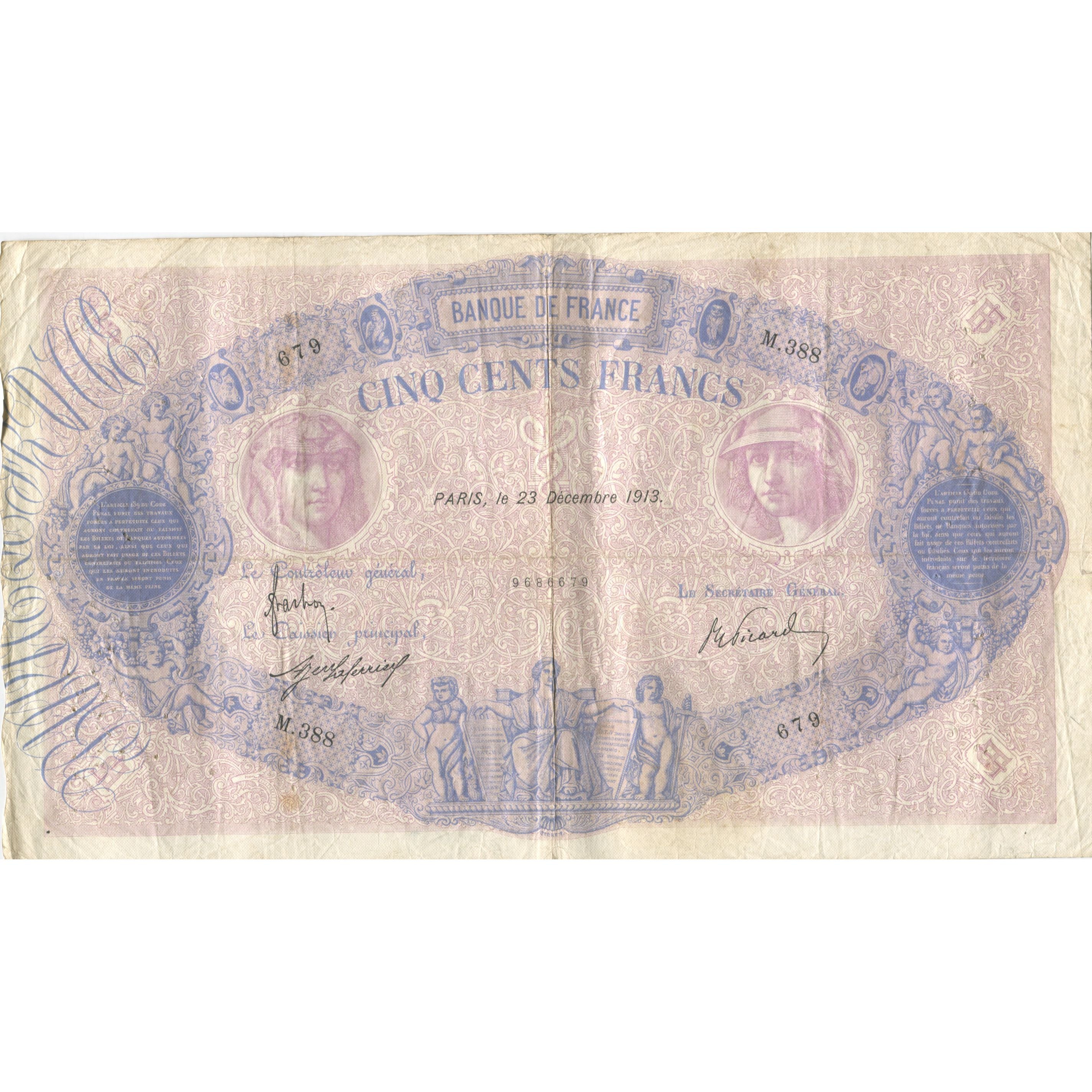 Frankrijk, 500 Francs, Bleu et Rose, 1913, 1913-12-23, TB, Fayette:30.21, KM:66g