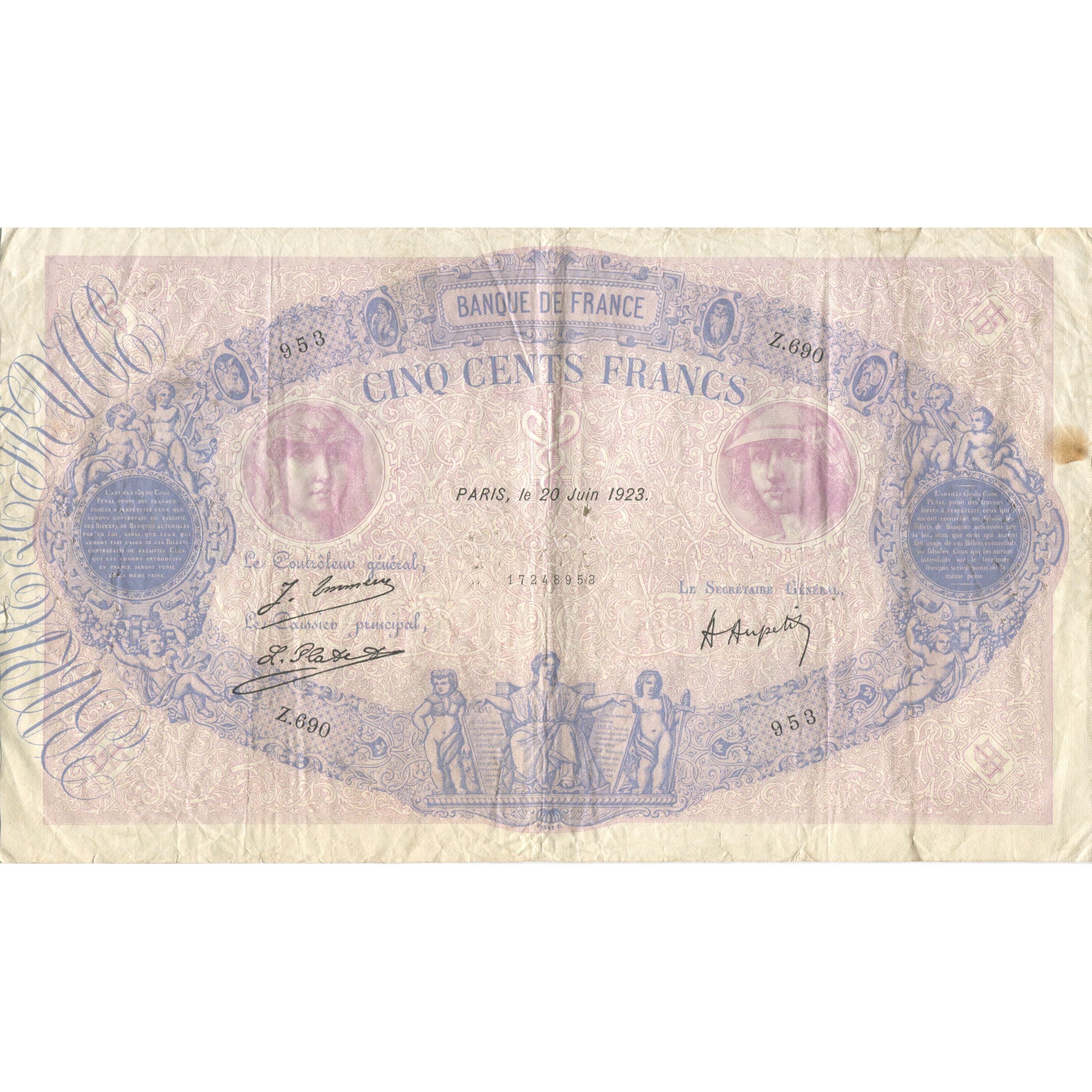 Francia, 500 Francs, Bleu et Rose, 1923, 1923-06-20, MB, Fayette:30.27, KM:66j
