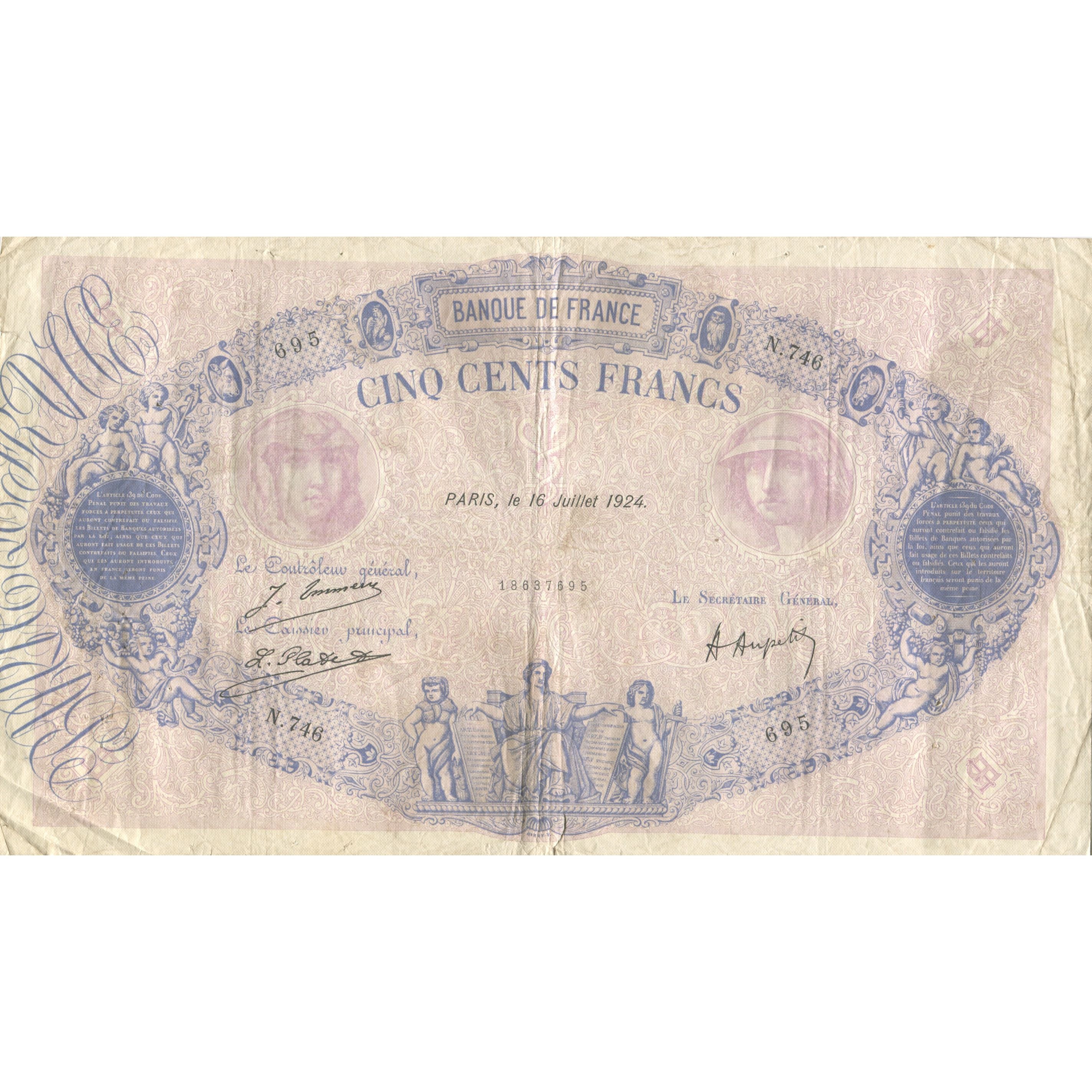 France, 500 Francs, Bleu et Rose, 1924, 1924-07-16, TB, Fayette:30.28, KM:66j