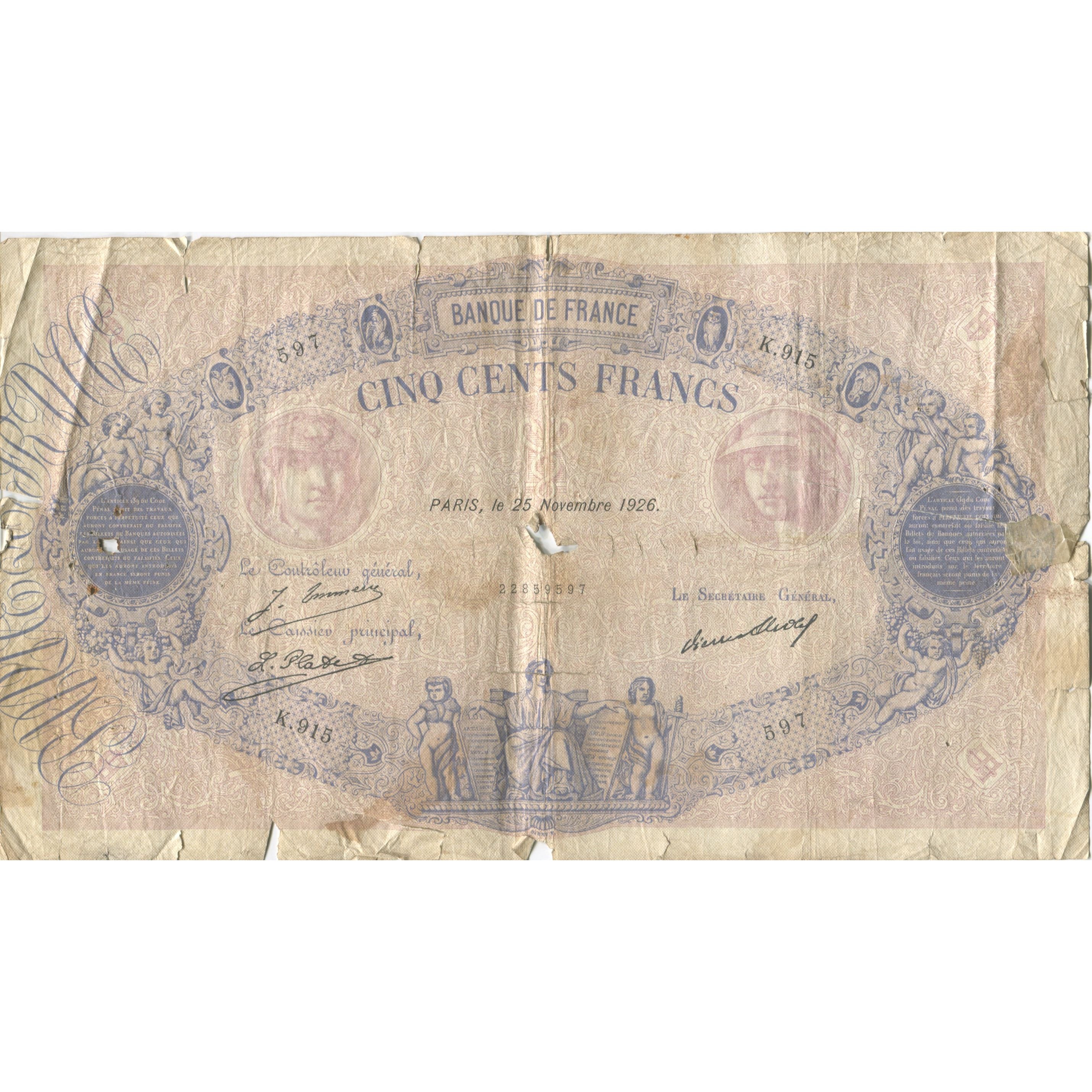 Francia, 500 Francs, Bleu et Rose, 1926, 1926-11-25, BC, Fayette:30.29, KM:66k