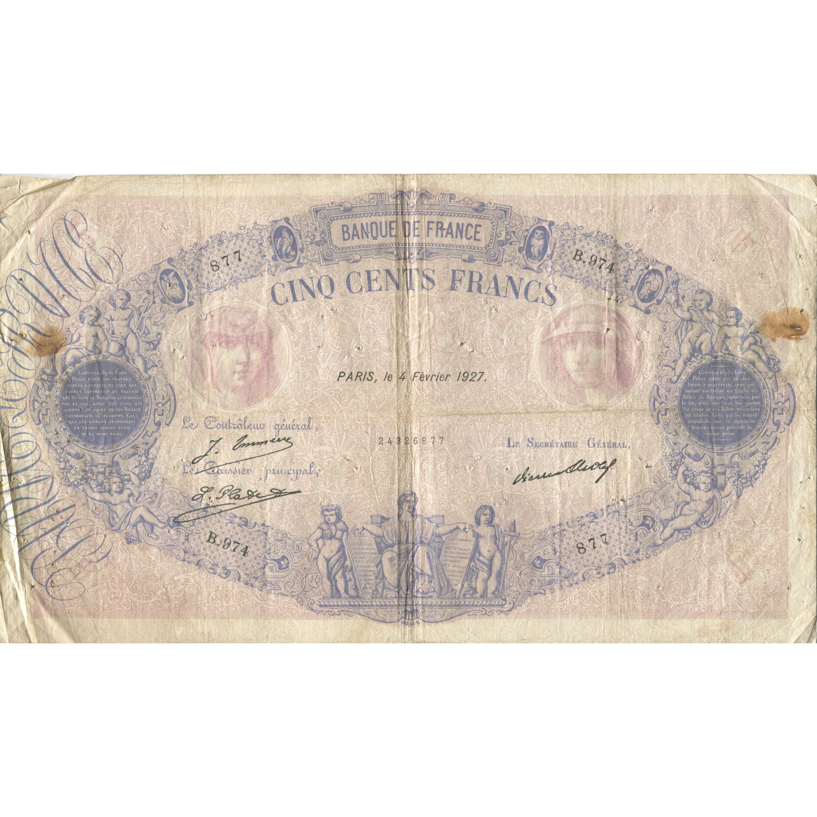 Frankrijk, 500 Francs, Bleu et Rose, 1927, 1927-02-04, TB, Fayette:30.30, KM:66k