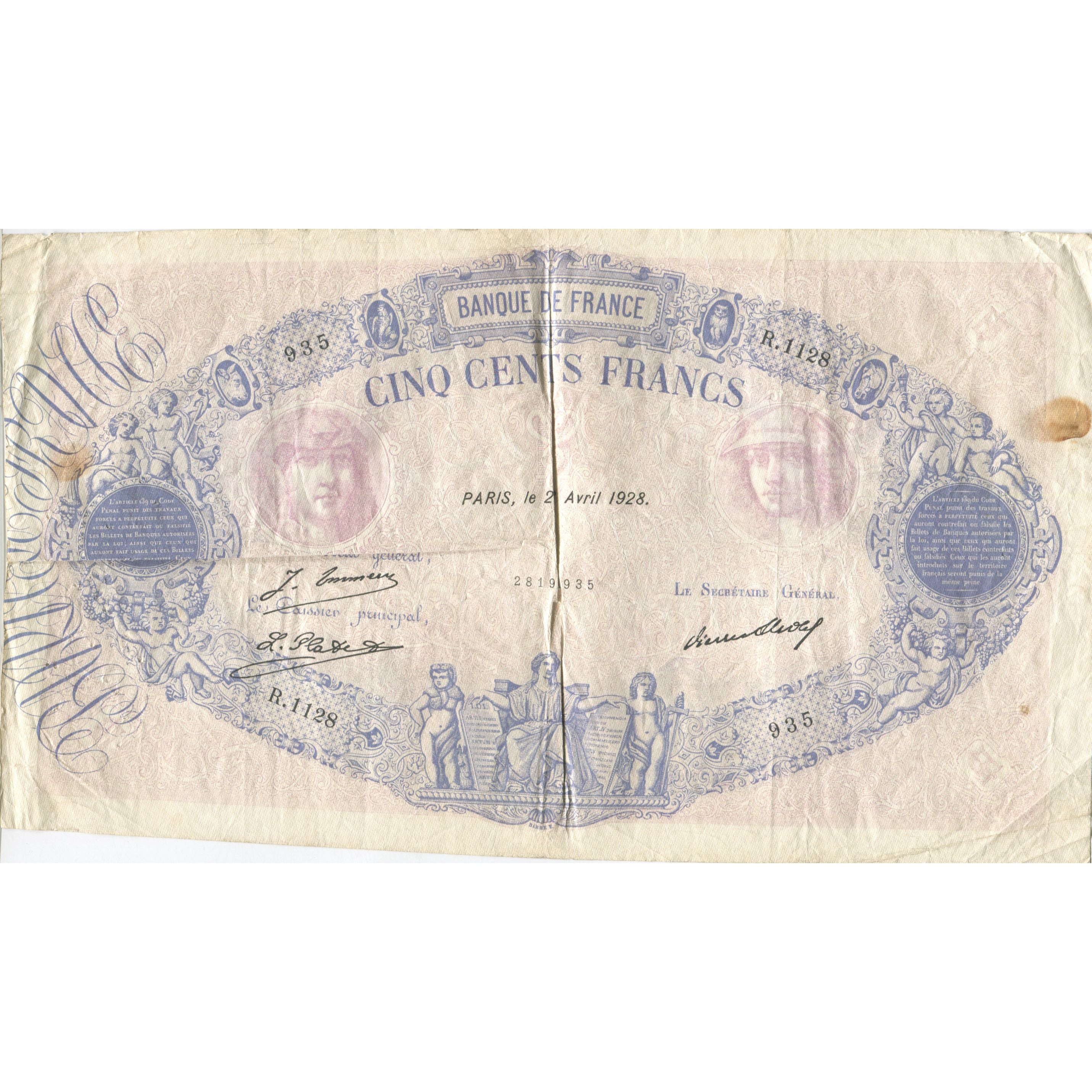 Francia, 500 Francs, Bleu et Rose, 1928, 1928-04-02, BC, Fayette:30.31, KM:66k