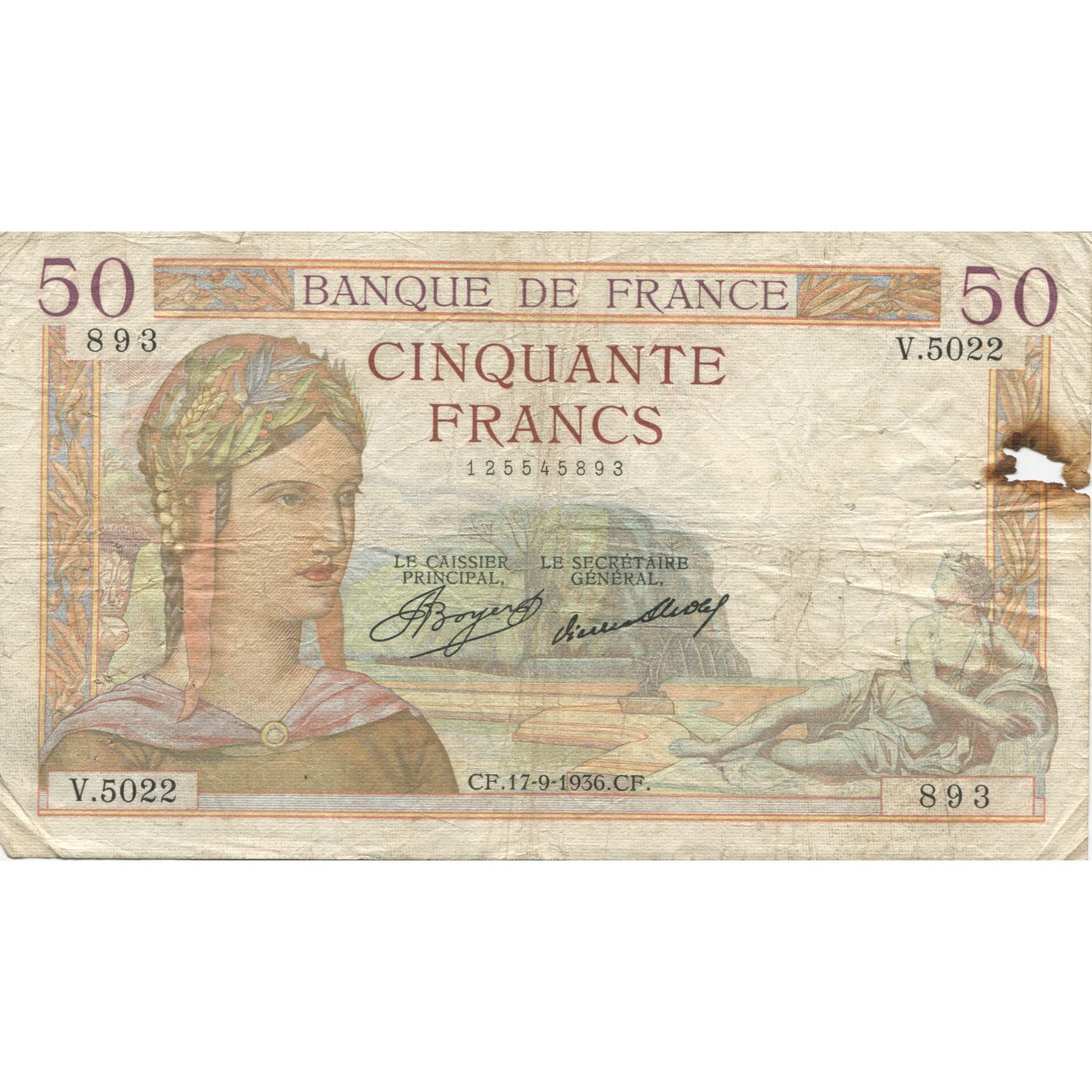 France, 50 Francs, Cérès, 1936, 1936-09-17, VF(20-25), Fayette:17.30, KM:81
