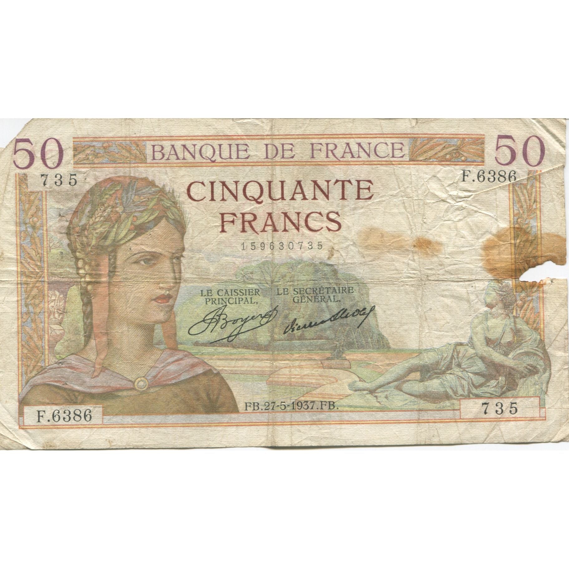 France, 50 Francs, Cérès, 1937, 1937-05-27, VF(20-25), Fayette:17.39, KM:81