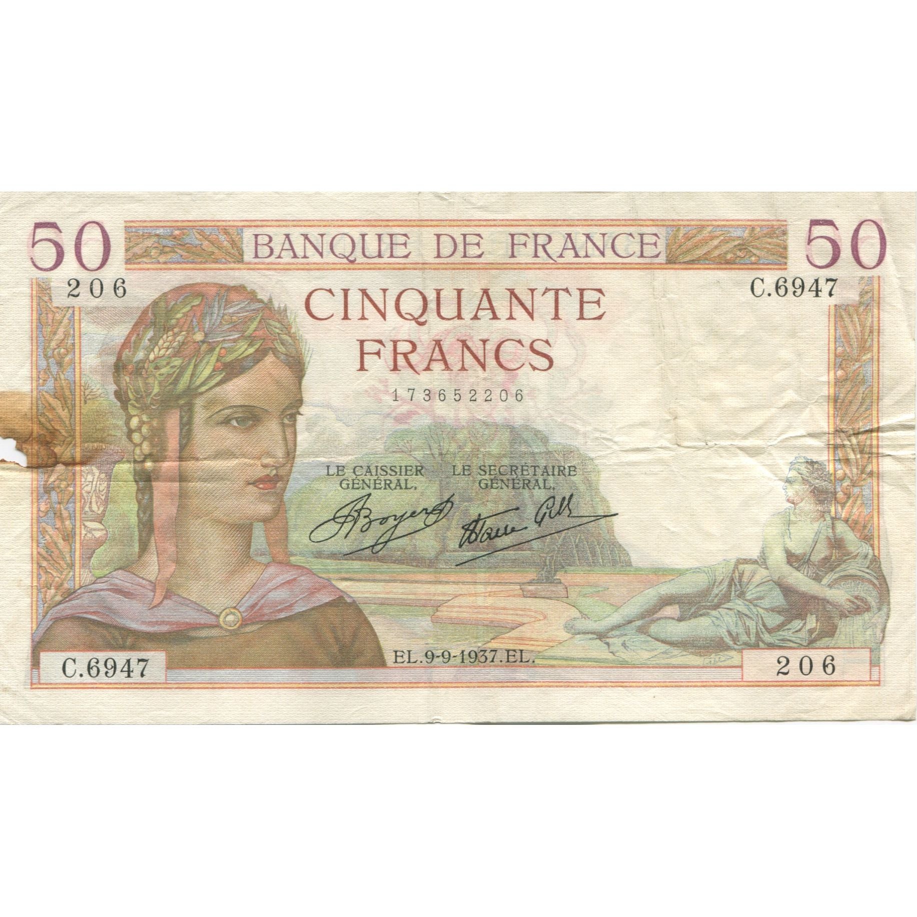 Francia, 50 Francs, Cérès, 1937, 1937-09-09, MB, Fayette:18.03, KM:85a