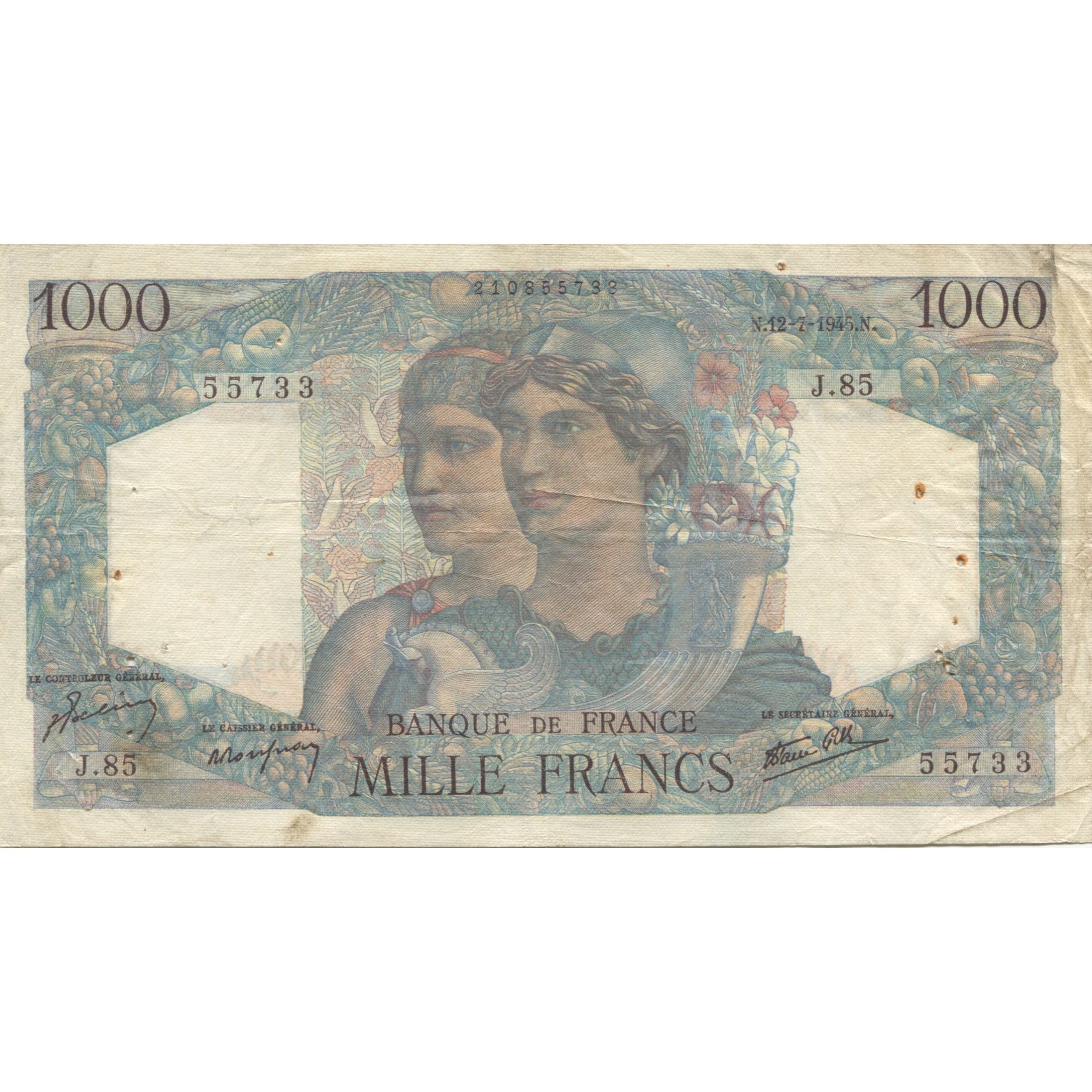 France, 1000 Francs, Minerve et Hercule, 1945, 1945-07-12, VF(20-25)