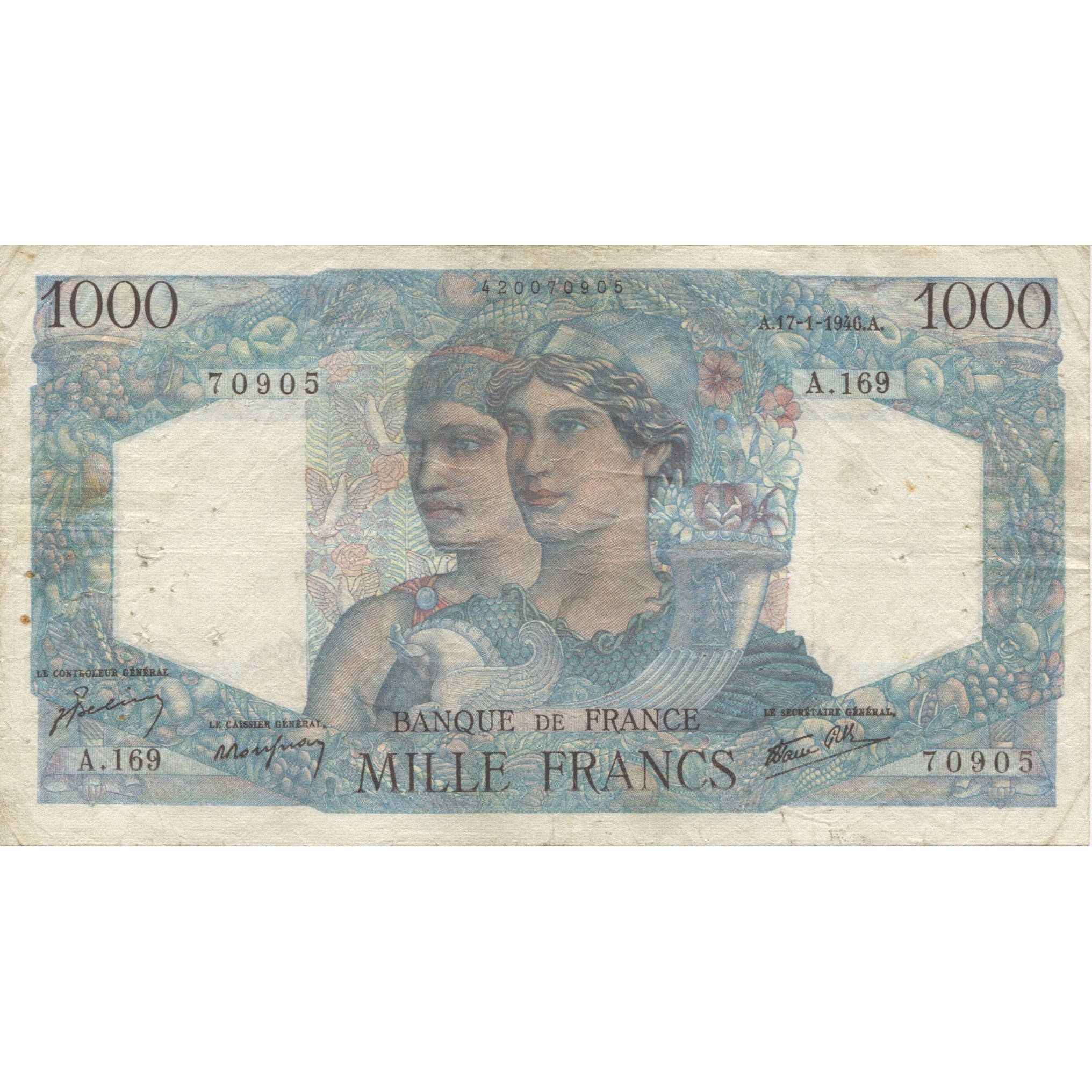 France, 1000 Francs, Minerve et Hercule, 1946, 1946-01-17, VF(20-25)