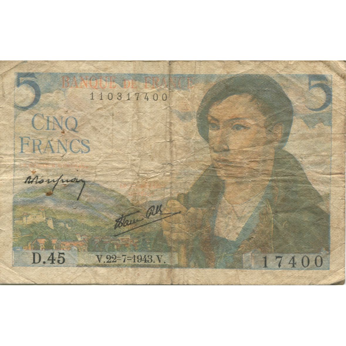 Frankreich, 5 Francs, Berger, 1943, 1943-07-22, S, Fayette:05.2, KM:98a