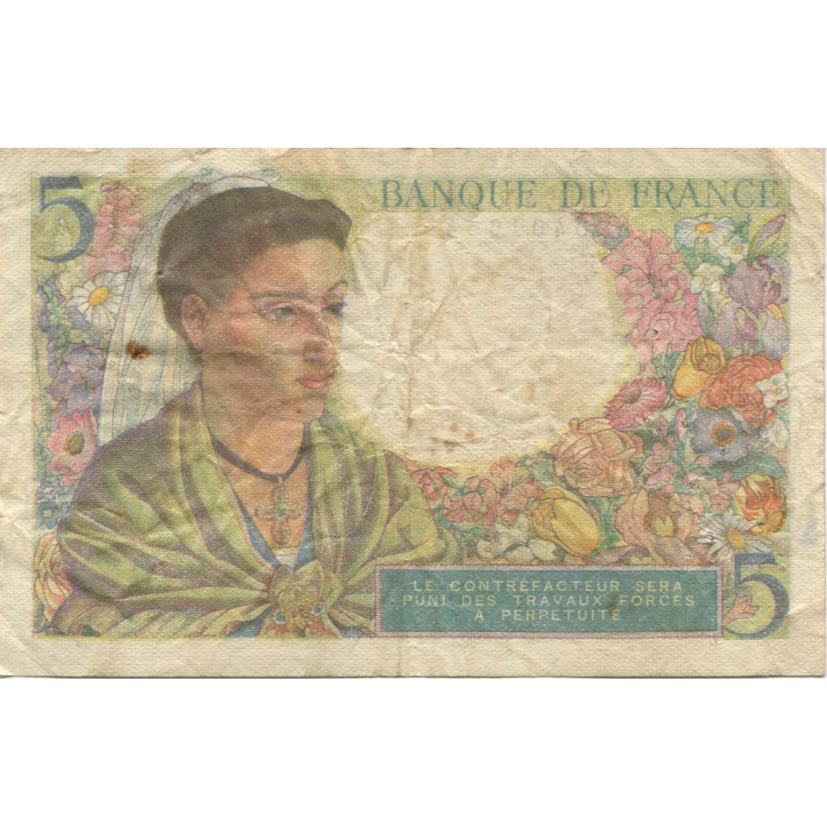 Francja, 5 Francs, Berger, 1943, 1943-11-25, VF(20-25), Fayette:05.04, KM:98a