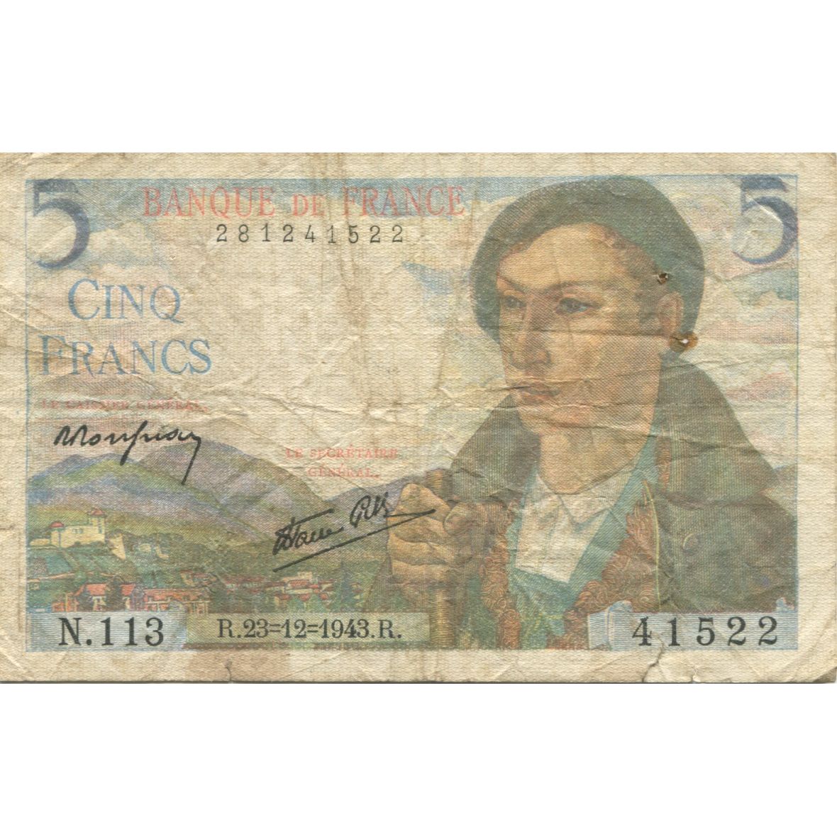 Francja, 5 Francs, Berger, 1943, 1943-12-23, VF(20-25), Fayette:05.05, KM:98a