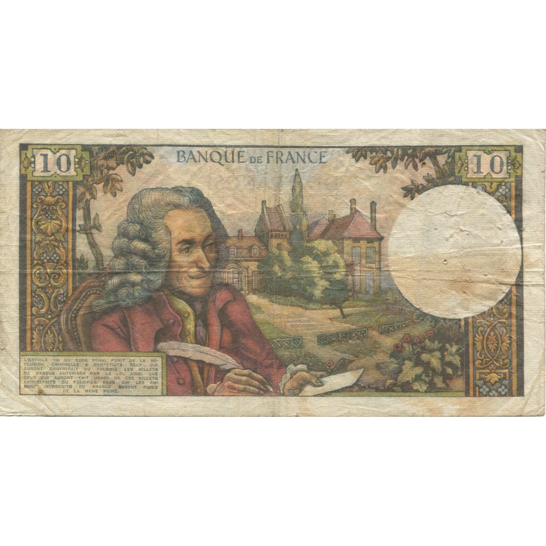 France, 10 Francs, Voltaire, 1965, 1965-12-02, VF(20-25), Fayette:62.18, KM:147a