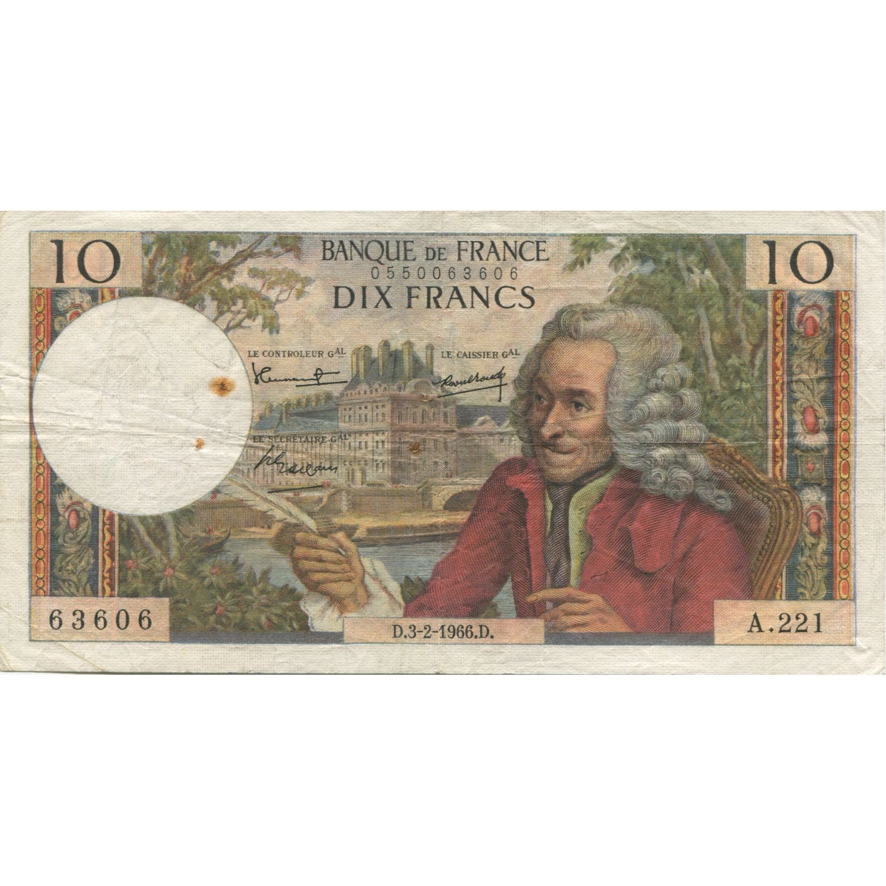 France, 10 Francs, Voltaire, 1966, 1966-02-03, VF(20-25), Fayette:62.20, KM:147b