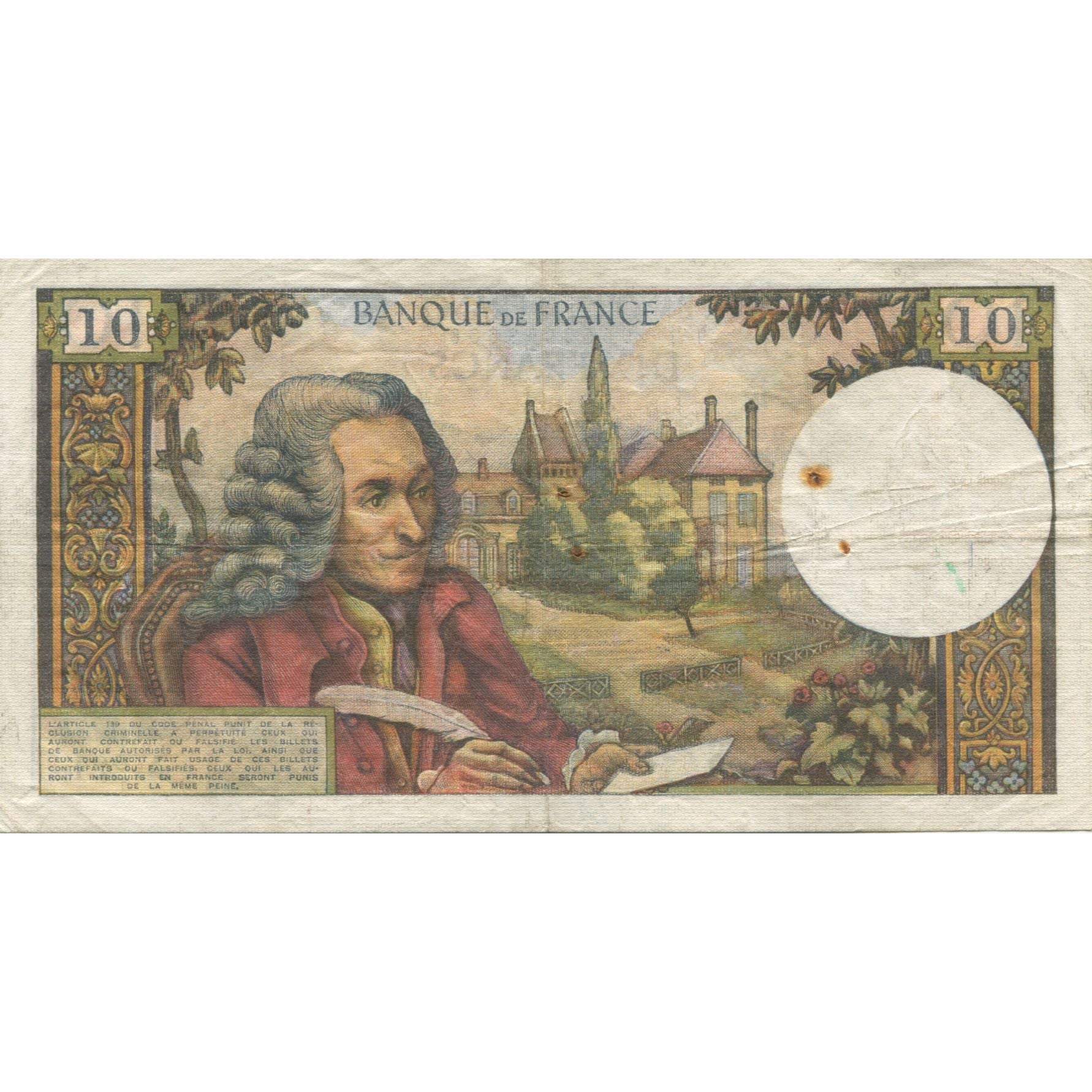 France, 10 Francs, Voltaire, 1966, 1966-02-03, VF(20-25), Fayette:62.20, KM:147b
