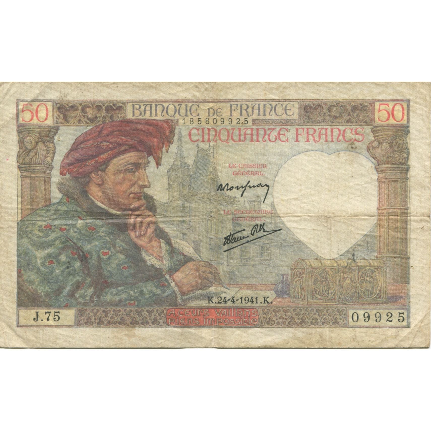 France, 50 Francs, Jacques Coeur, 1941, 1941-04-24, TB, Fayette:19.9, KM:93