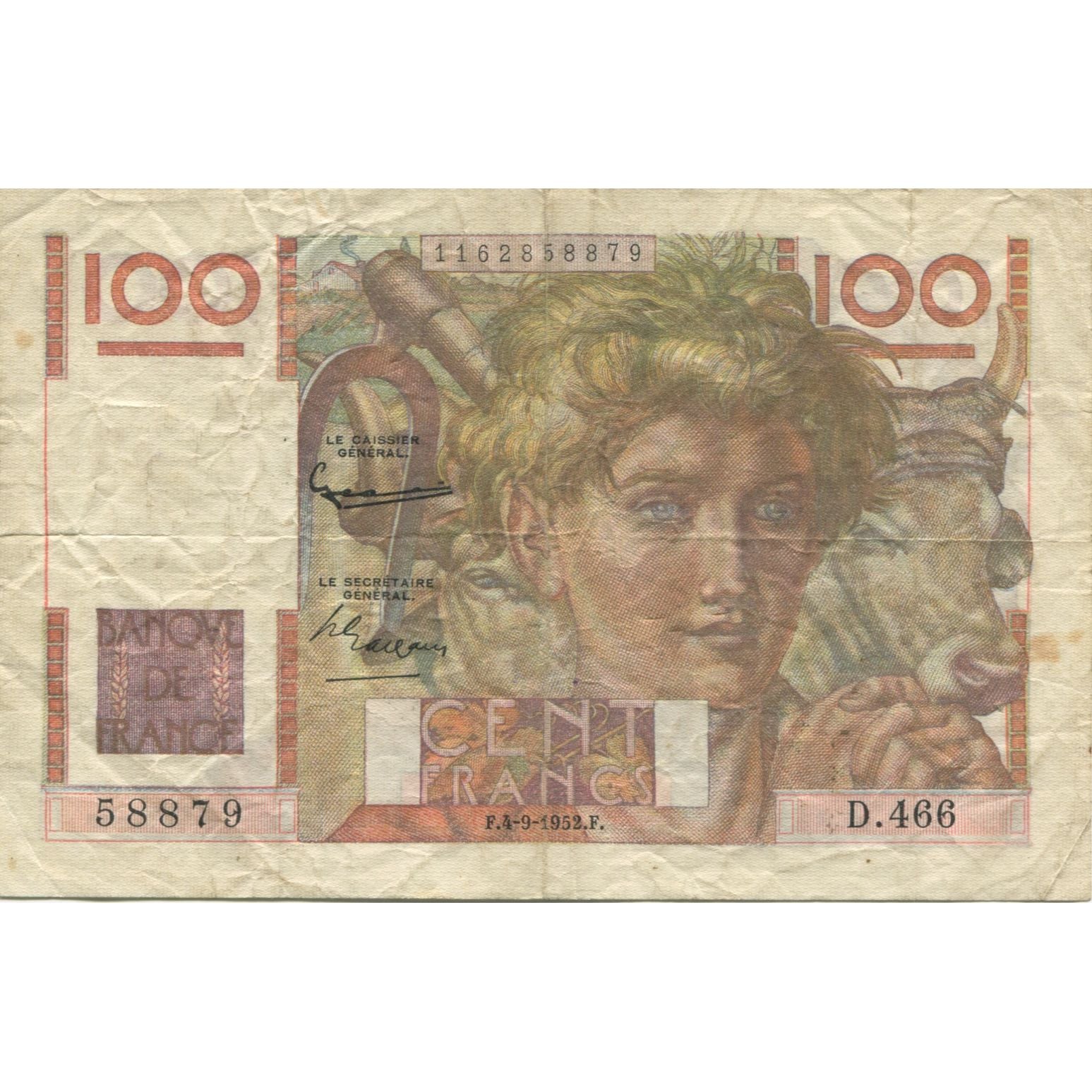 France, 100 Francs, Jeune Paysan, 1952, 1952-09-04, TB, Fayette:28.33, KM:128a