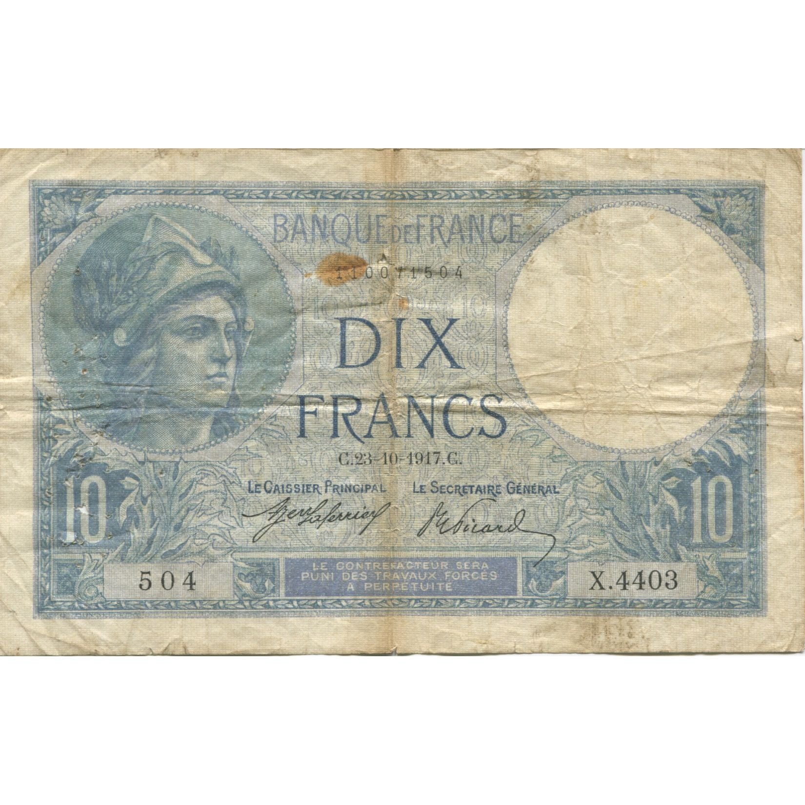 Francja, 10 Francs, Minerve, 1917, 1917-10-23, VF(20-25), Fayette:6.2, KM:73a