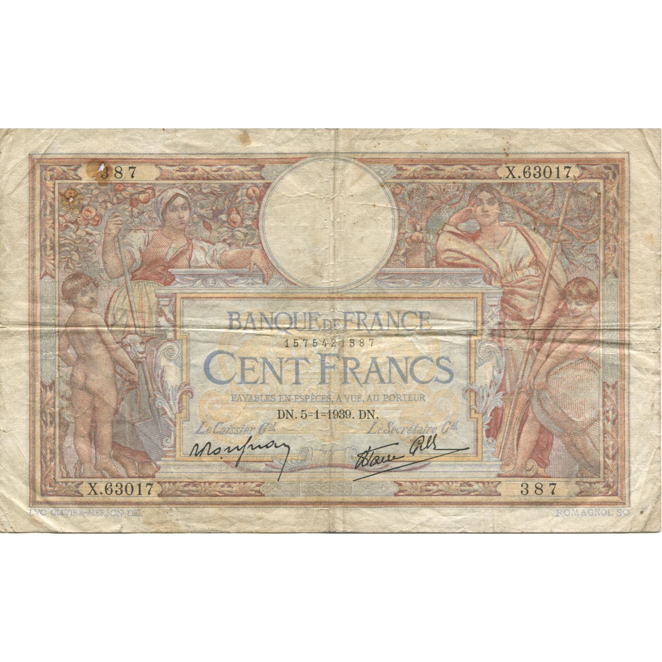 Francia, 100 Francs, Luc Olivier Merson, 1939, 1939-01-05, MB, Fayette:25.38