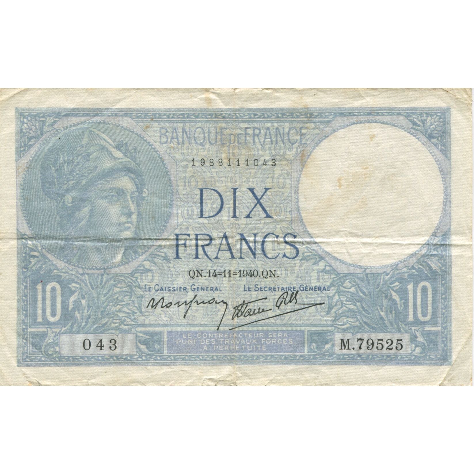 Francia, 10 Francs, Minerve, 1940, 1940-11-14, BB, Fayette:7.20, KM:84