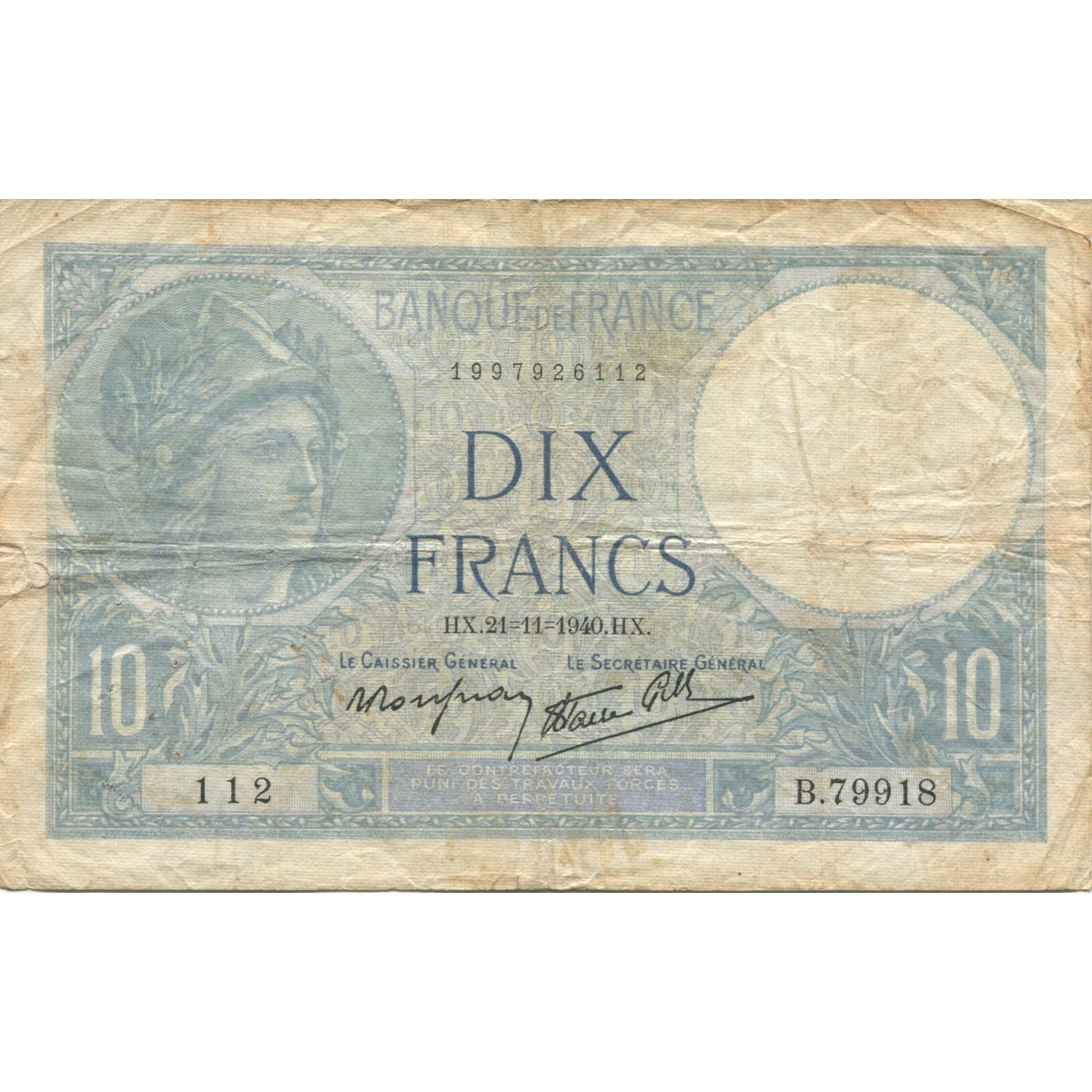 France, 10 Francs, Minerve, 1940, 1940-11-21, EF(40-45), Fayette:7.21, KM:84