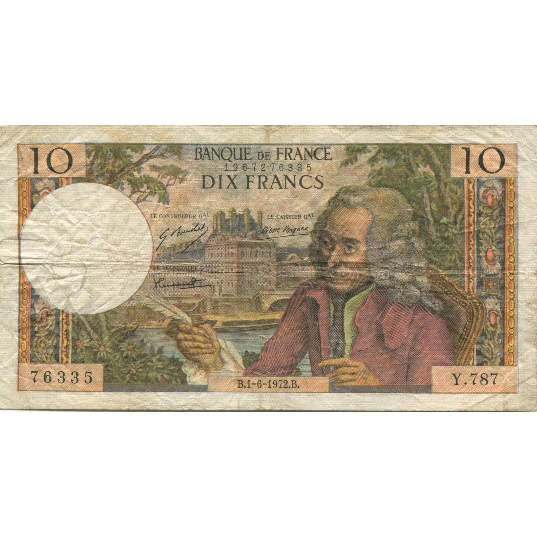 France, 10 Francs, Voltaire, 1972, 1972-06-01, VF(20-25), Fayette:62.57, KM:147d