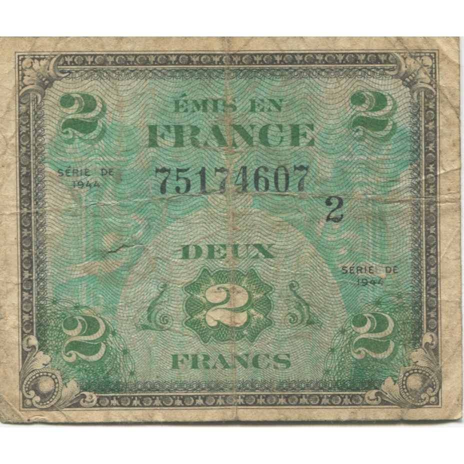 Francia, 2 Francs, Flag/France, 1944, MB+, Fayette:VF16.2, KM:114b