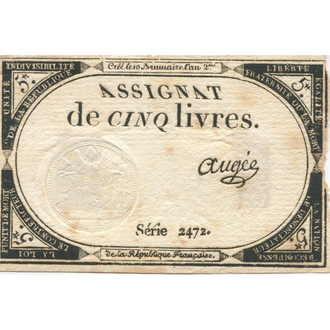 France, 5 Livres, 1793, Augée, 1793-10-31, AU(50-53), KM:A76, Lafaurie:171