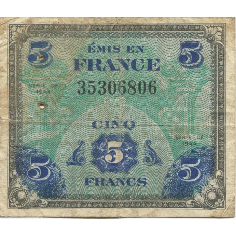 Frankrijk, 5 Francs, Flag/France, 1944, TB, Fayette:VF16.2, KM:115a