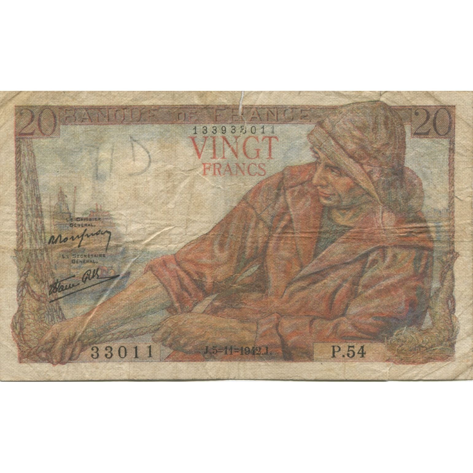 Frankreich, 20 Francs, Pêcheur, 1942, 1942-11-05, S, Fayette:13.4, KM:100a