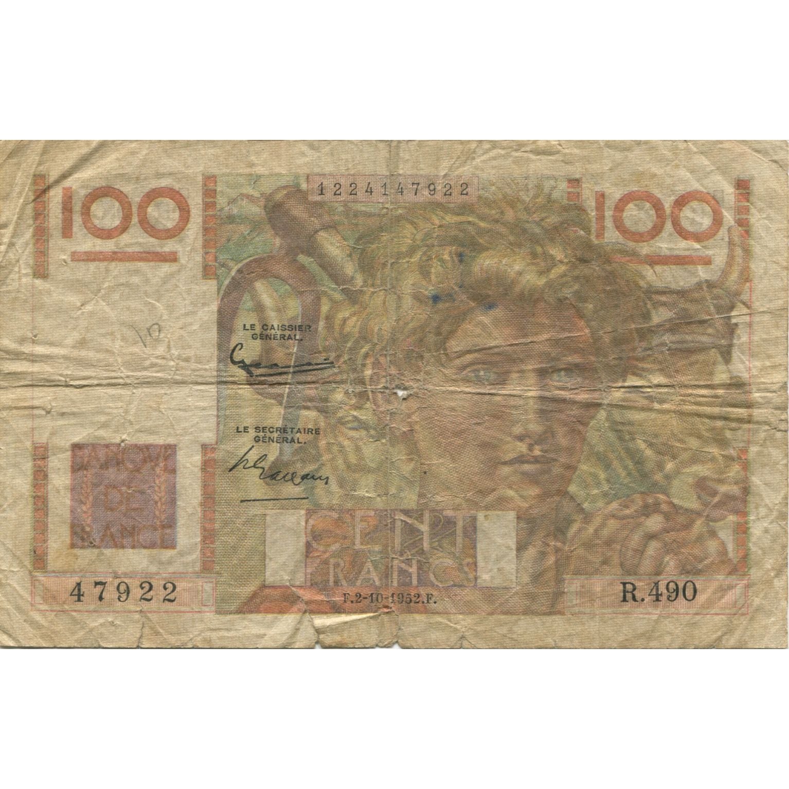 Francia, 100 Francs, Jeune Paysan, 1952, 1952-10-02, B, Fayette:28Bis/1, KM:128e