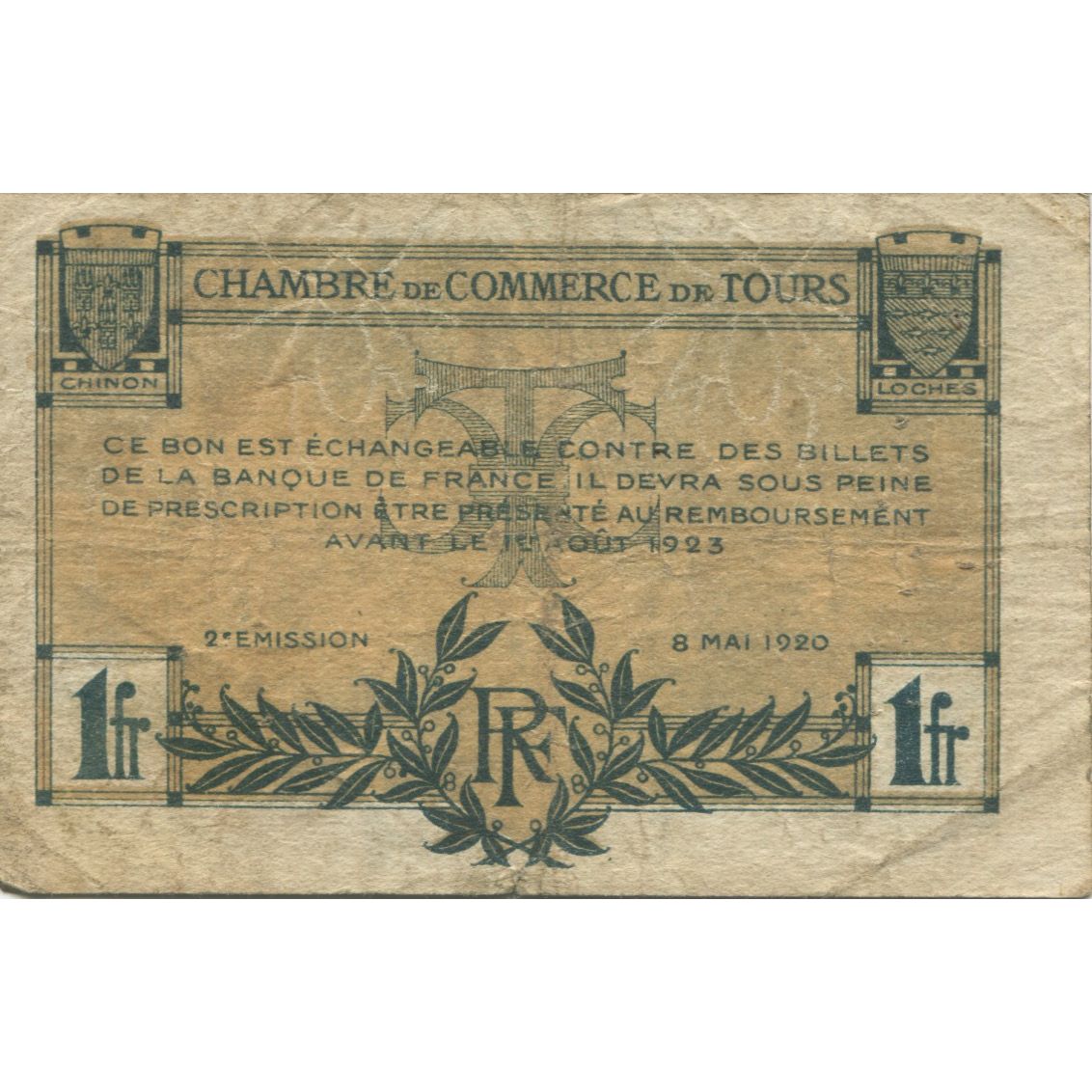 France, Tours, 1 Franc, 1920, VG(8-10), Pirot:123-4