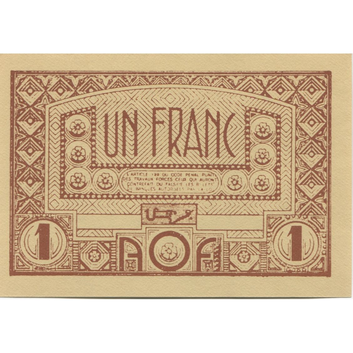Banknote, French West Africa, 1 Franc, Undated (1944), KM:34b, UNC(65-70)