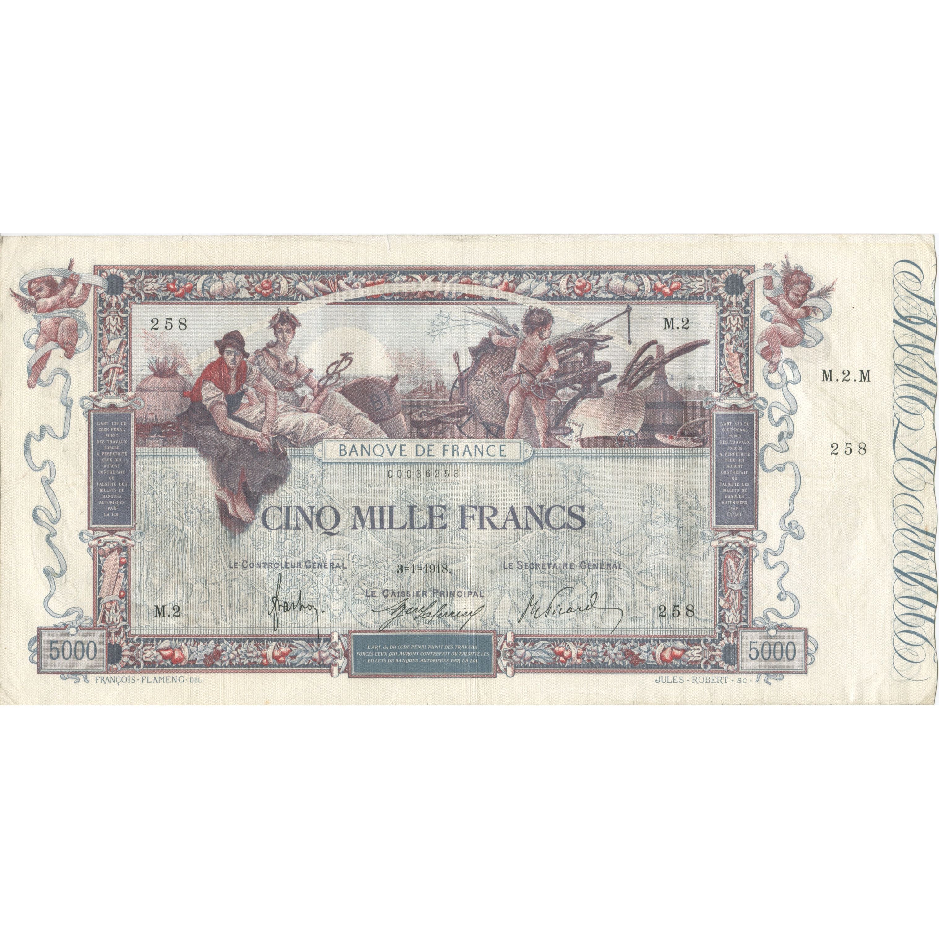 Frankrijk, 5000 Francs, Flameng, 1918, 1918-01-03, TTB, Fayette:43.1, KM:76
