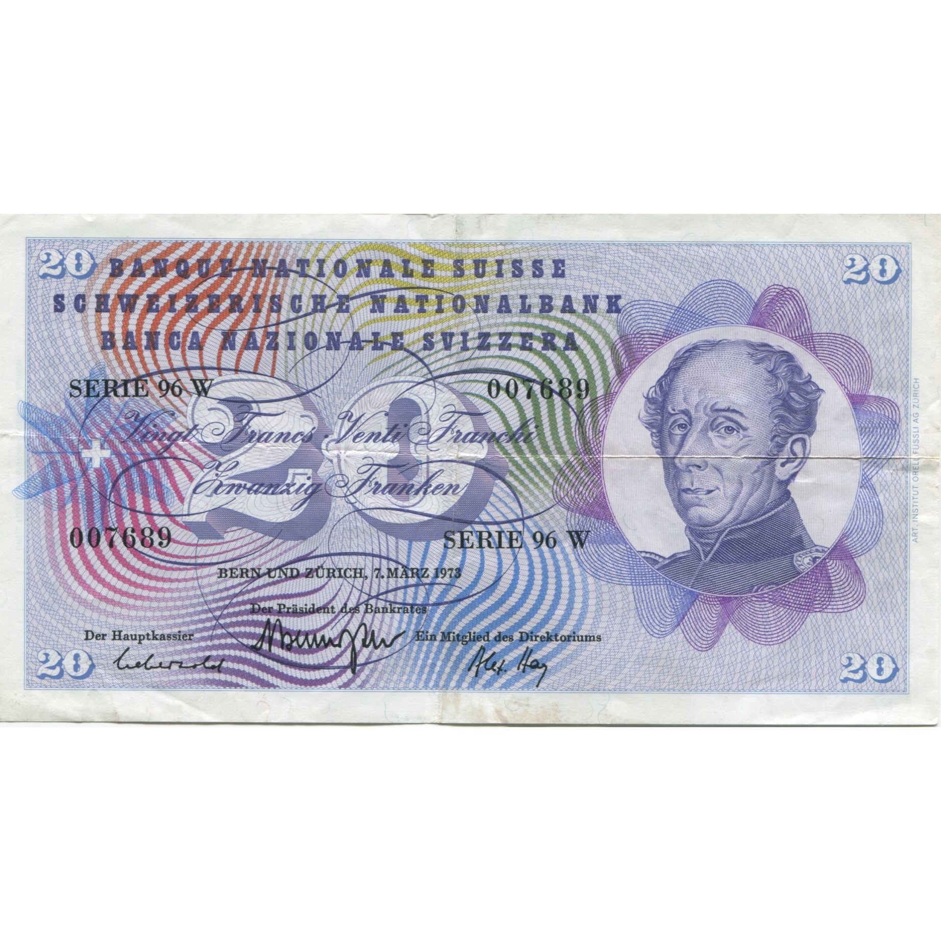 Nota, Suíça, 20 Franken, 1973, 1973-03-07, KM:46v, AU(55-58)