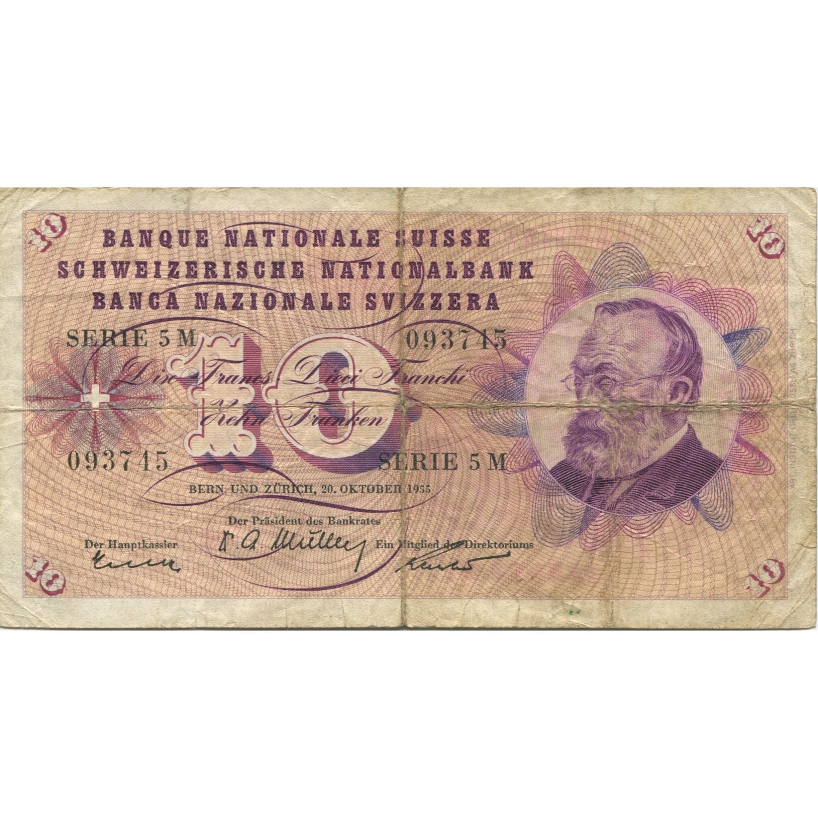 Banknote, Switzerland, 10 Franken, 1955, 1955-10-20, KM:45b, VG(8-10)