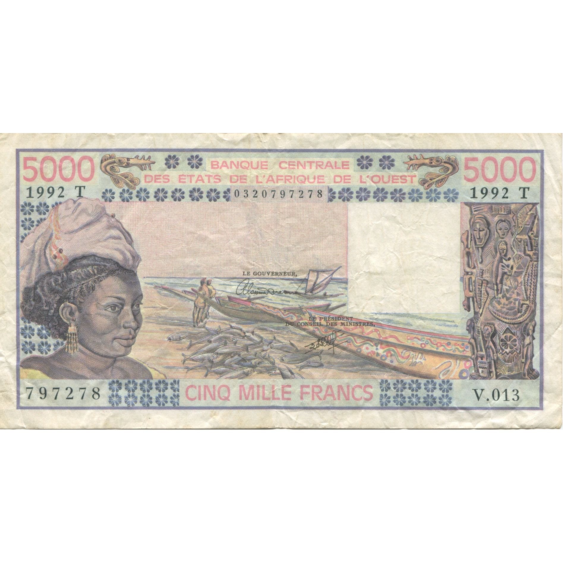 Banknote, West African States, 5000 Francs, 1992, KM:208Bp, VF(30-35)