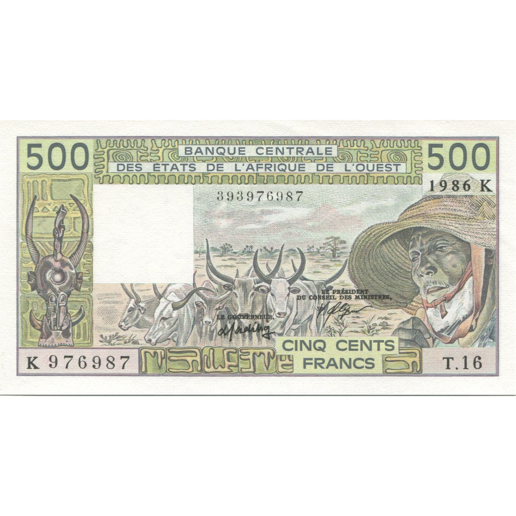 Banknote, West African States, 500 Francs, 1986, KM:206Bj, UNC(65-70)