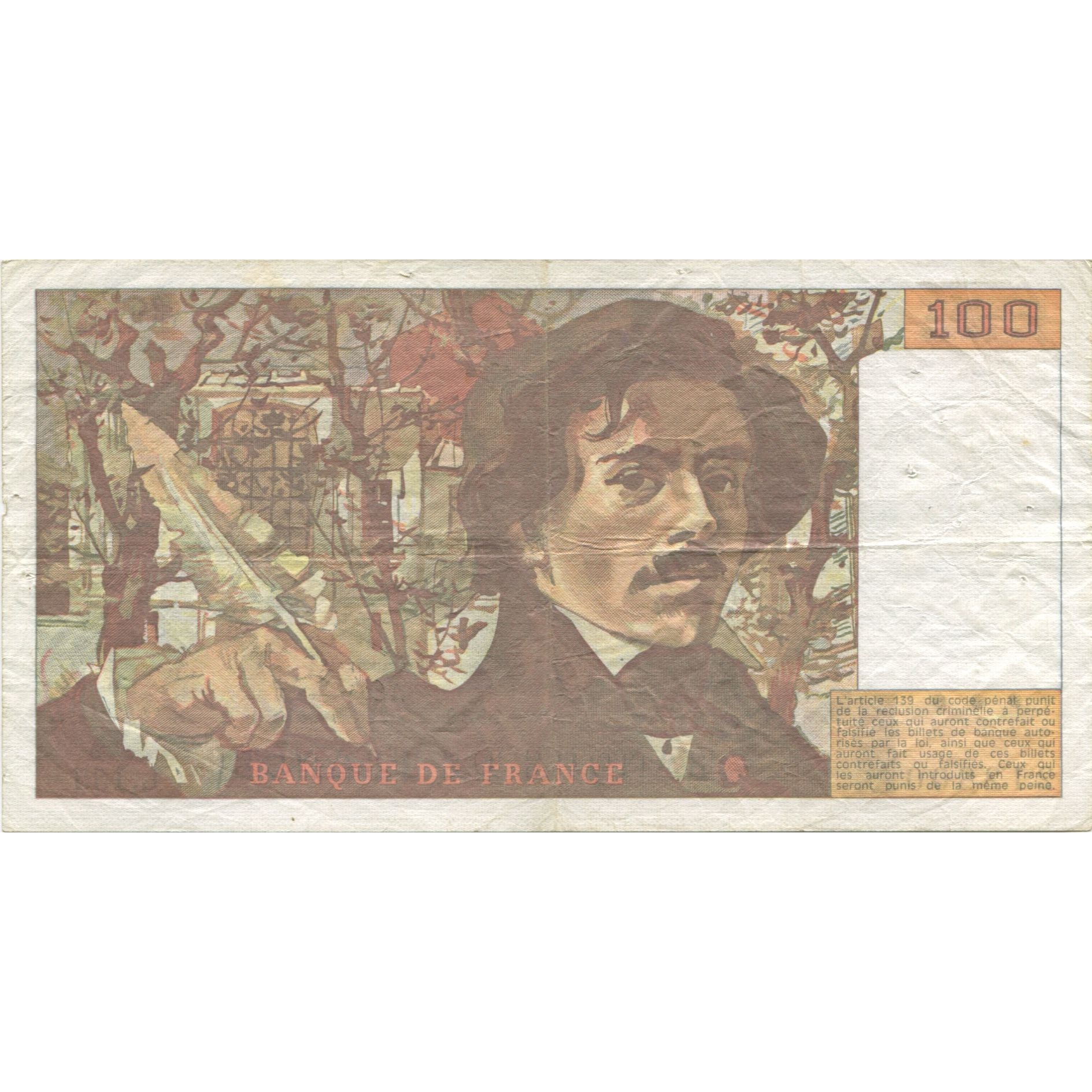 France, 100 Francs, Delacroix, 1989, VF(20-25), Fayette:69.13a, KM:154d