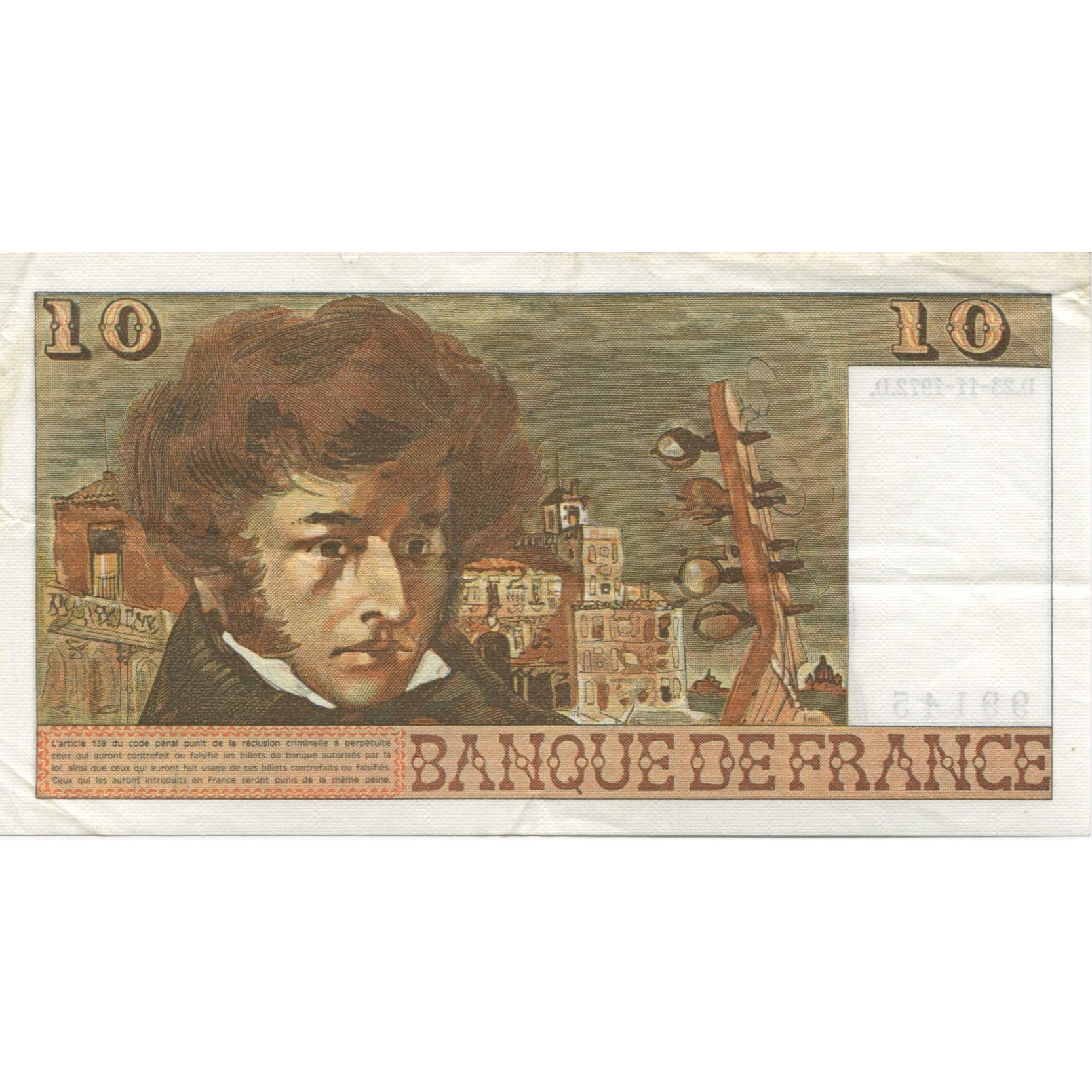 Francia, 10 Francs, Berlioz, 1972, 1972-11-23, SPL-, Fayette:63.1, KM:150a