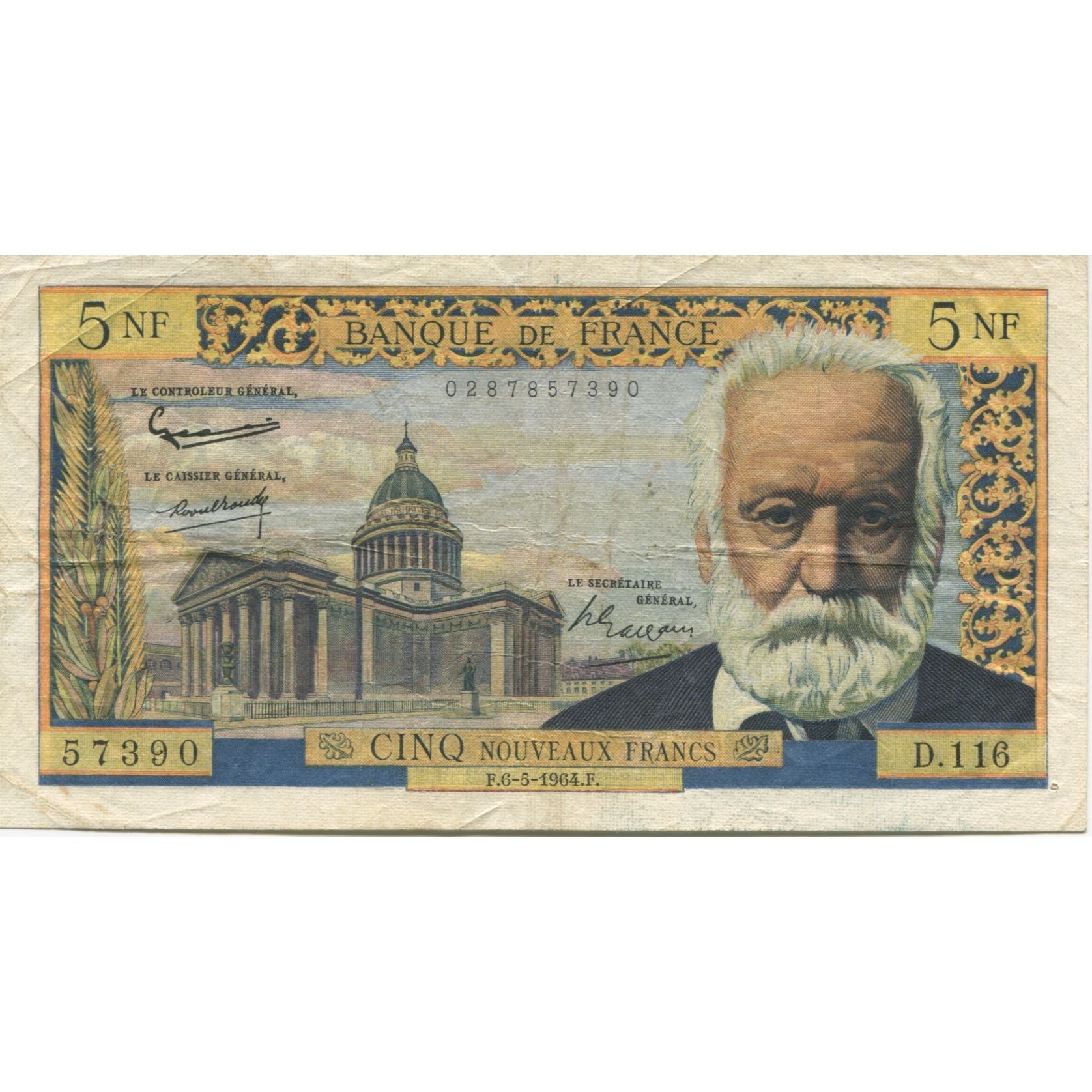 Francja, 5 Nouveaux Francs, Victor Hugo, 1964, VF(20-25), Fayette:56.15, KM:141a